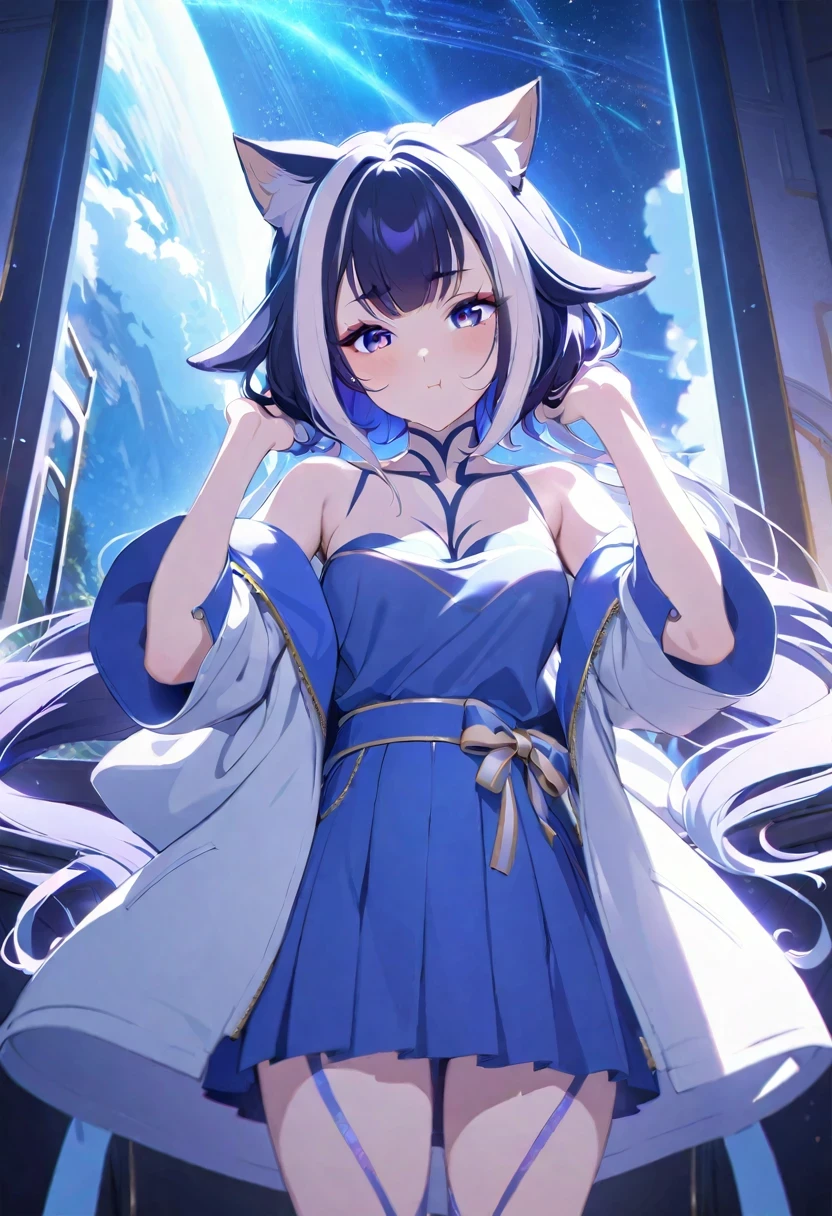 solo person，(((shylily)))，one-girl，off-shoulder sweater, backless outfit,Starry sky,clusters of stars,Ray tracing,{Best quality}, {{Masterpiece}}, {A high resolution}, Original, Extremely detailed 8k wallpaper, {An extremely delicate and beautiful},,incredibly_absurderes,Colorful,intricately details,art book,,incredibly_absurderes,Ray tracing,Perspective,Wide shot,Overall view,,A high resolution,Game CG,short_Hair,cat_hor ears,White_Hair/White_Eyes,Detail fingers,Hands in hair,pigeon-toed,Pout,Blush,Eyes visible through hair,off-shoulder sweater,White_wind coat,Superskirt,