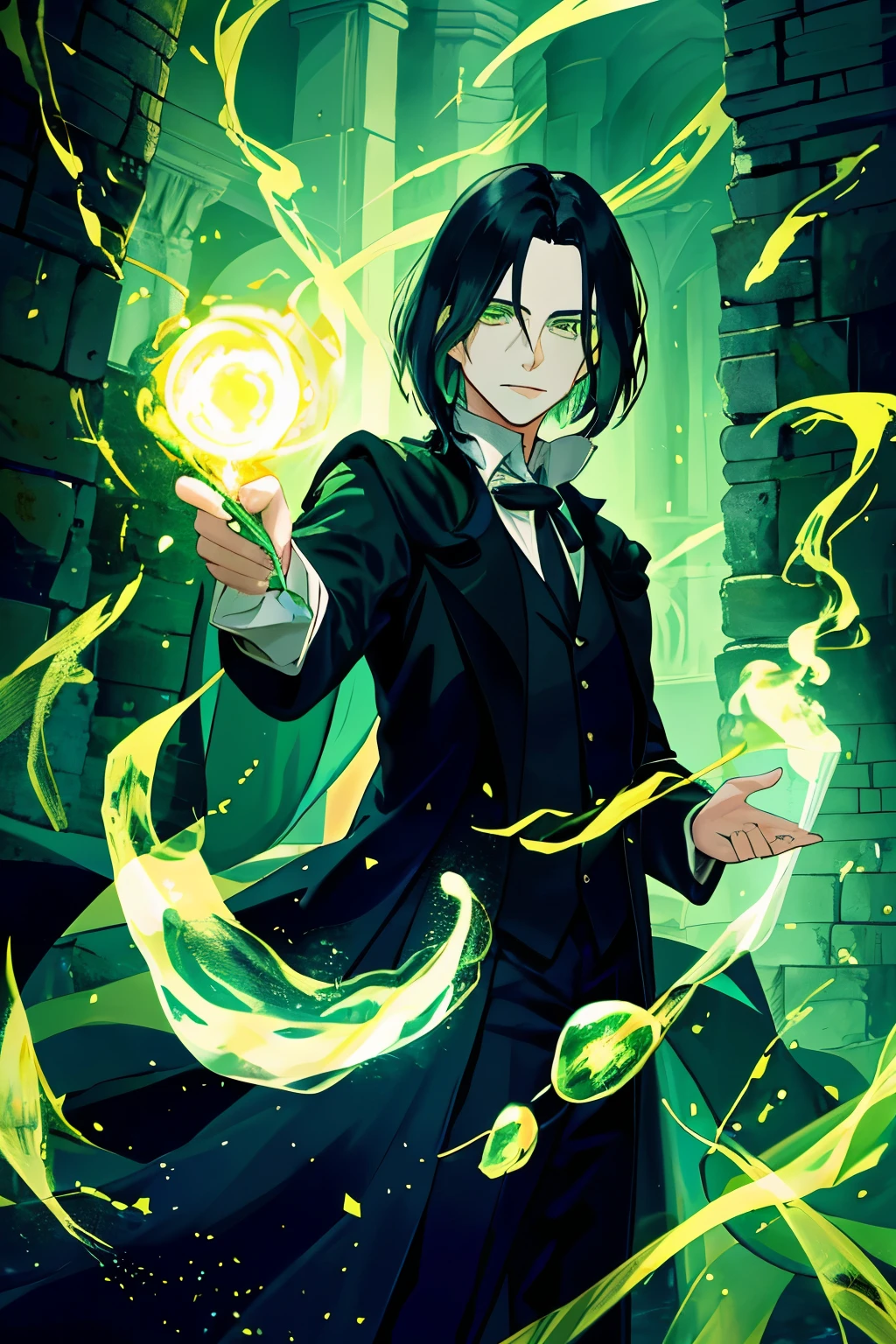 In the depths of an ancient castle, the enigmatic Severus Snape was engrossed in the art of potions. His glowing light green eyes, a striking contrast to the nightmarish surroundings, shone brightly over his bubbling cauldrons. The walls adorned with bright colors and intricate designs, reflecting the light particles that danced around the room. It was a magnificent sight, like a stunning UHD wallpaper art coming to life. Severus Snape, master of potions, with his captivating green gaze, was truly a masterpiece of magic. (high quality, Severus Snape, glowing light green eyes, potions, nightmarish, bright