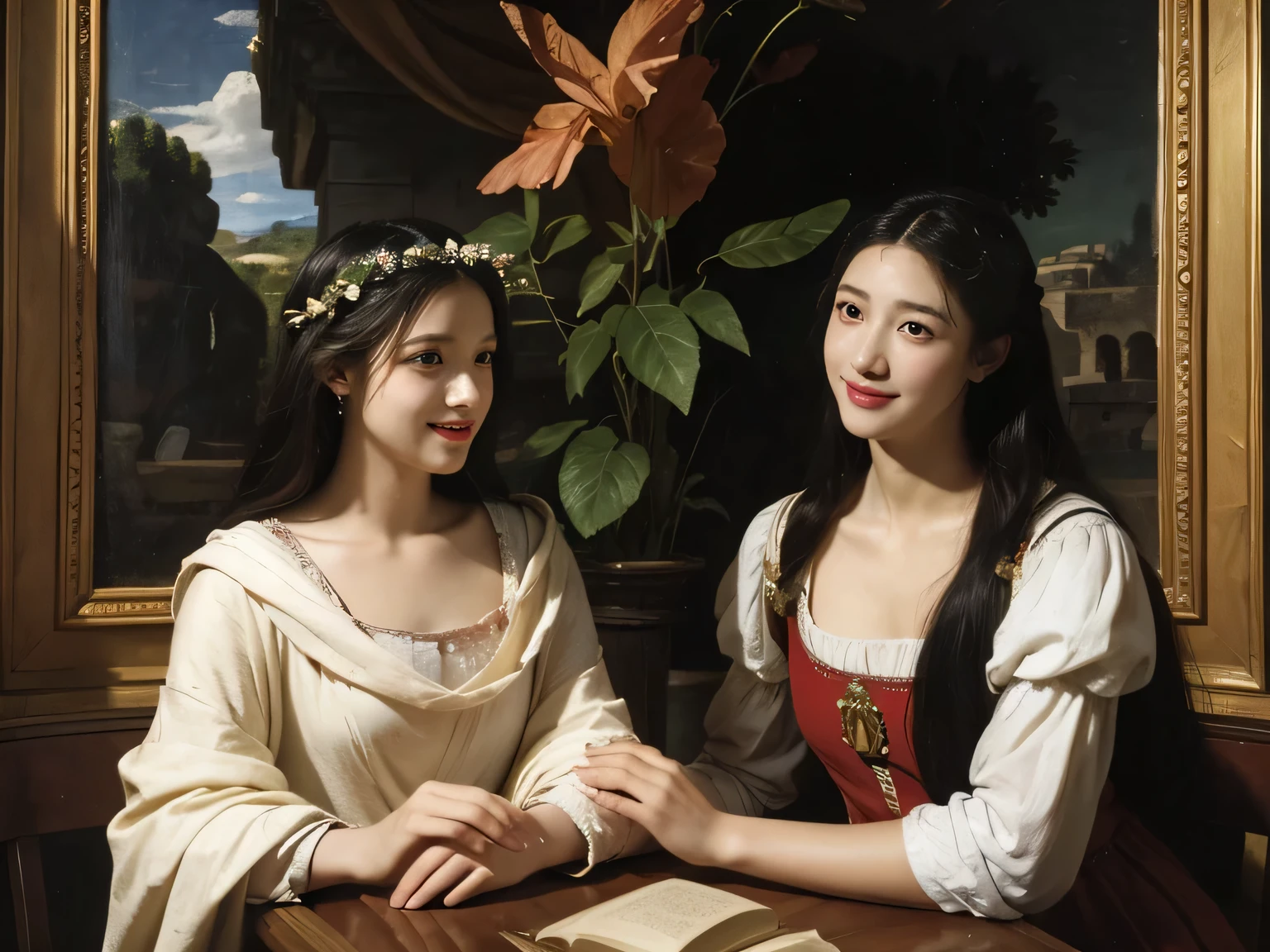 Giorgione painting style,Arguments of two female Philosophe,math、astronomical machine、astronaut、roses in vase、fruits、Cute trinkets、smile、ancient greek costume、Ancient Roman landscape in the style of Nicolas Poussin,laughter,,Sweet and seductive appearance.、Caravaggio's paintings、Chiaroscuro of Caravaggio、hair tousled by the wind,Two women frolicking,cute smile, expression of ecstasy,Sexy,erotic