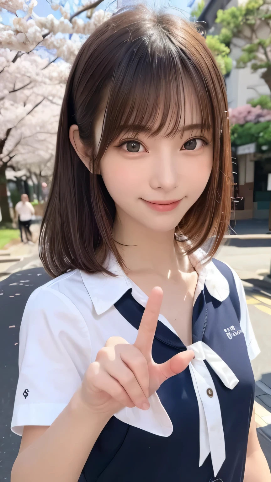 one girl, (a beauty girl, delicate girl:1.3), (14 years old:1.3),
break, (spring, cute uniform:1.3),
break, (Street view:1.3), (cherry blossoms fall:1.3), (wool gloves), perfectly trimmed fingers,
break, very fine resolution, (symmetrical eyes:1.3),
break, small breasts, brown eyes, parted bangs, brown hair,  girl,
break, (Eye and face details:1.0), (get closer to the face, enlarge the face, face focus:1.0),close up of face,
break, (masterpiece, highest quality, Super detailed, detailed face, 8K),SakuraFubuki,cherry blossom petals,smile,random pose、blue eyes、white gloves,ponytail、SakuraFubuki、gloves、break,dynamic pose,smile、horizontal peace sign in front of face、beautiful hands、correct move