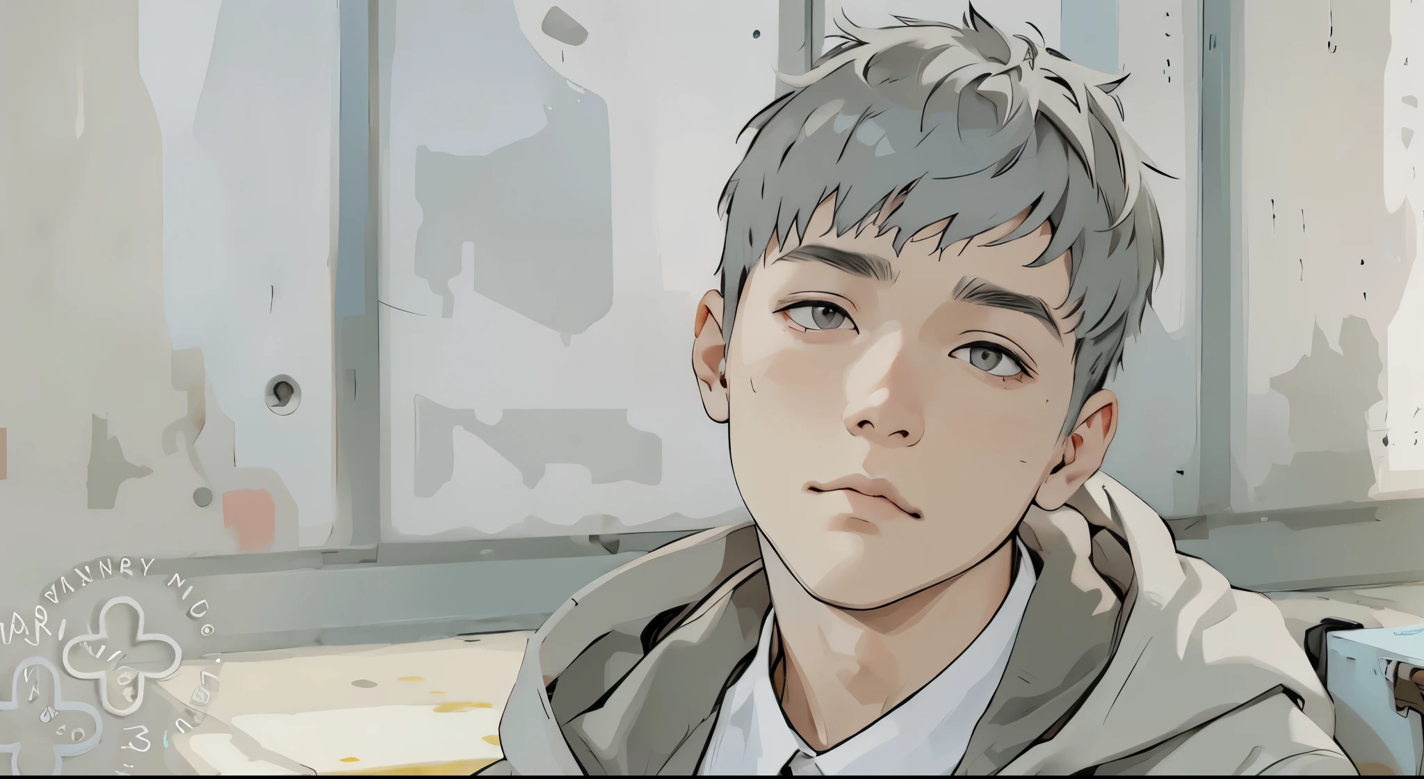 16 year old boy gray hair gray eyes is thoughtful sad