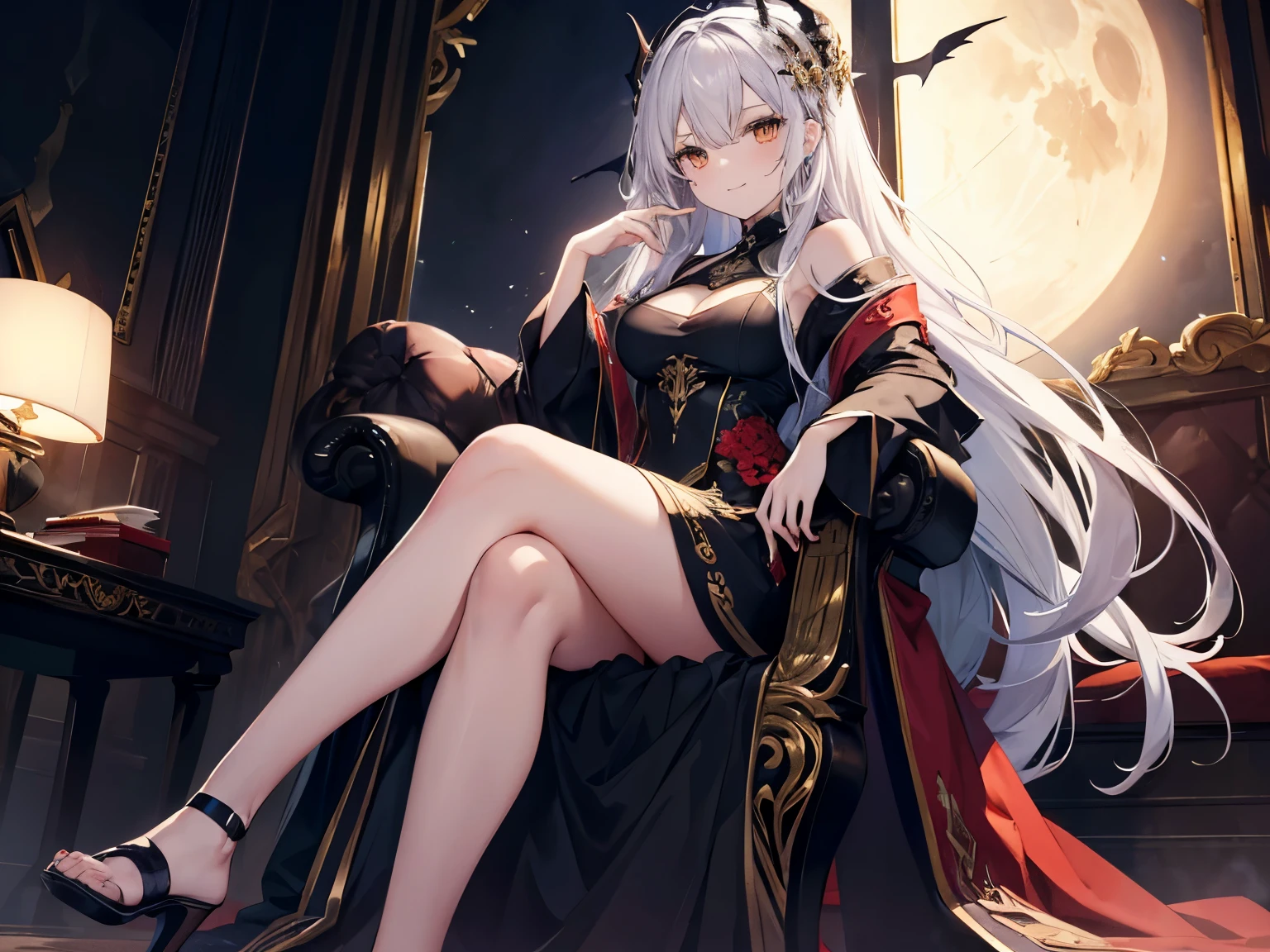 (highest quality),(8K wallpaper),(one beautiful woman),(Upper body),A beautiful woman with long silver hair wearing a jet black dress sits with her legs crossed in an elegant pose on the throne of the Demon King&#39;s Castle.,bewitching smile,golden eyes,A red full moon can be seen from the window behind the throne.