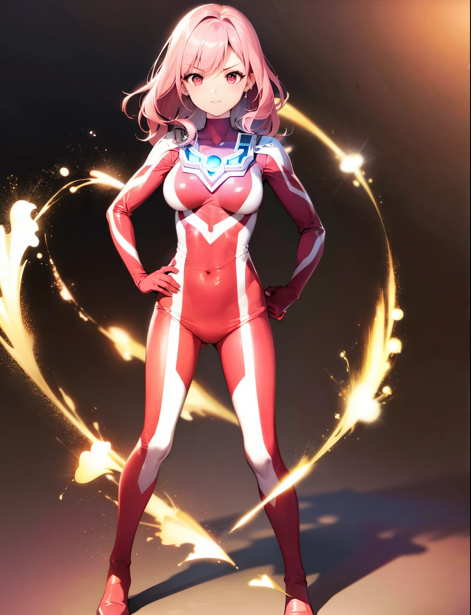 realistic,highest quality, ultra detail, High quality CG drawing, The most delicate and beautiful, Floating gently, High resolution, (1 girl), (Highest image quality,4K,8K,masterpiece:1.2),(red pink hair:1.5), (medium hair:1.5),(wavy hair:1.4),,(red eyes:1.5), (ultra girl:1.0), (red ultraman bodysuit:1.4),(slightly bigger breasts:1.5),Upper body,(clenched fist:1.2),(put both hands on hips:1.2), red gloves,red shoes