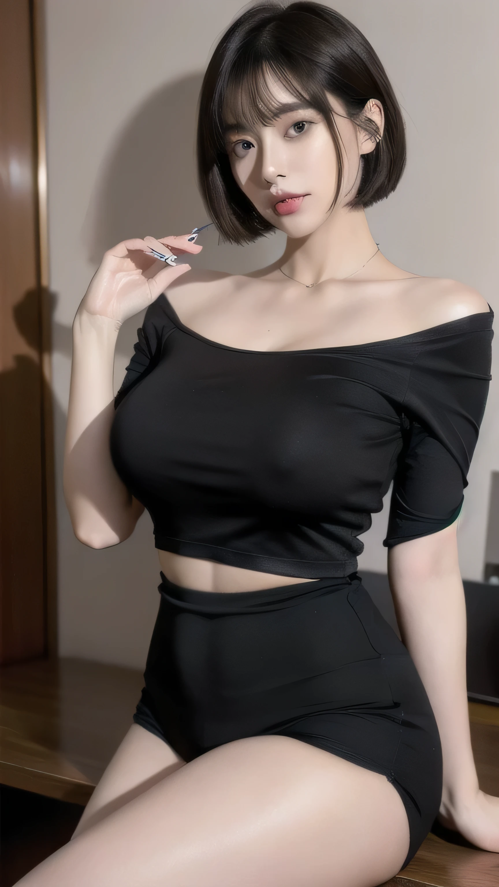 ((Best picture quality,8K)),Korean, top beauty,Very beautiful,(Medium shot:1.2), {{adult woman, 30-year-old lactating woman}},(black brown bob cuts with ponytail),(Real big tits), (Huge breasts:1.4),ssmile, (In the office), (sexual pose), seductive face, pervert woman, (sexy shopkeeper suits), (topless), thicc, holding breast, hand open shorts