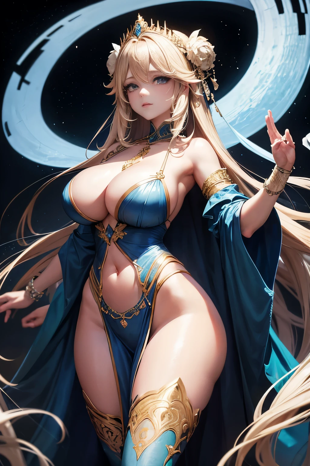 A goddess with blonde, long hair flowing down her back gracefully, embodies perfection and delicacy in every curve and line of her figure. She dons a silver top that clings to her body, revealing a hint of her golden, intricately designed panties. Ornate golden accessories adorn her wrists, neck, and waist, adding an ethereal glow to her existence.
The gothic mood envelops the scene as she stands tall in a full body back shot, with the celestial background of a heavenly sky filled with fluffy clouds, and life-size figures scattered around her. The sky, a brilliant mix of blues, pinks, and oranges, frames