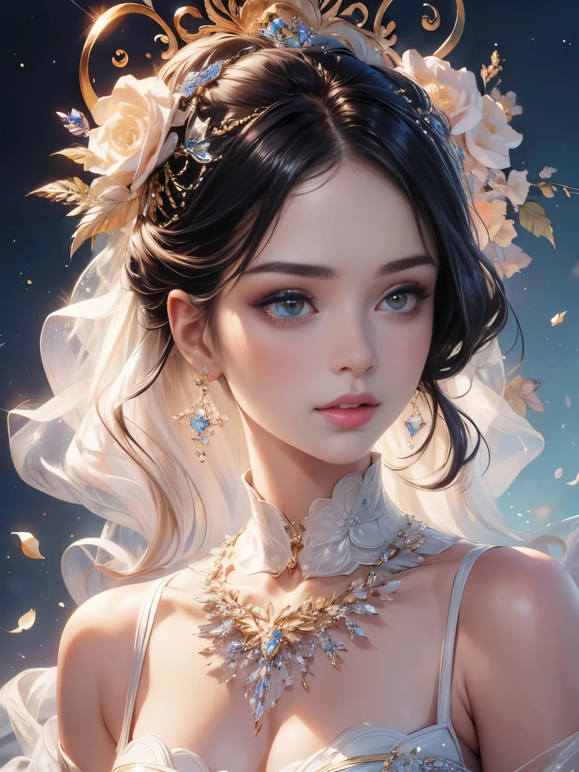 (masterpiece:1.2),high resolution,beautiful aristocratic girl in a dynamic half-body portrait,elegant hair gracefully piled up,clear eyes,hair adorned with exquisite floral arrangements,crystal jewelry thread,ultra-detailed details,upgraded.