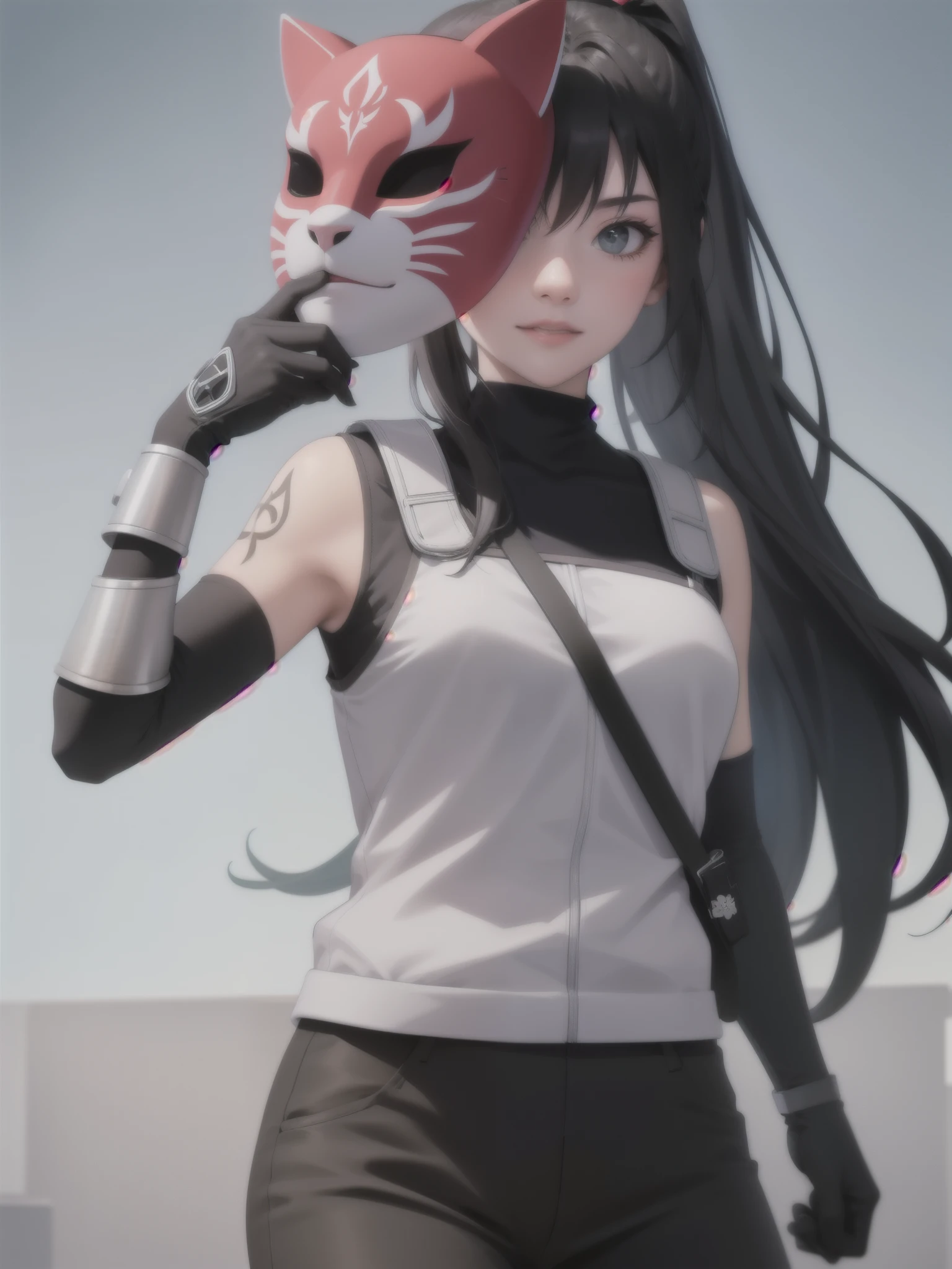 perfect eyes:1.2, detailed eyes:1.4, black hair, ponytail, very long hair, mask on hand, covering face, cat mask, grey armor:1.2, grey arm guards, black elbow gloves, black shirt, sleeveless, turtleneck, black pants, red arm tattoo, 1girl, solo, (masterpiece:1.6, best quality),