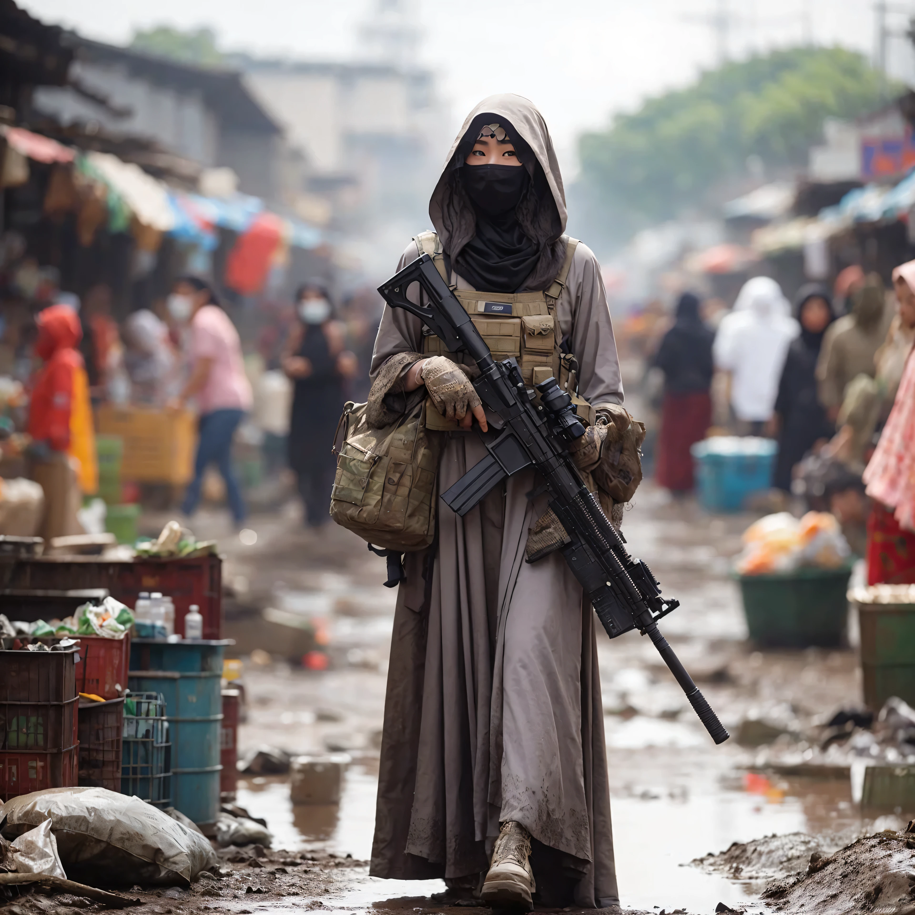 beautiful Korean female spirit wearing a long gown closed politely, wearing a hijab, wearing a black mask, sturdy body, women was walking, wearing a military vest,holding a PKM machine gun,the location of a muddy Indian market full of rubbish, The photo quality is very realistic, The lens is sharp and detailed,extreme photo telephoto lens shot, ultra wide angle lens 