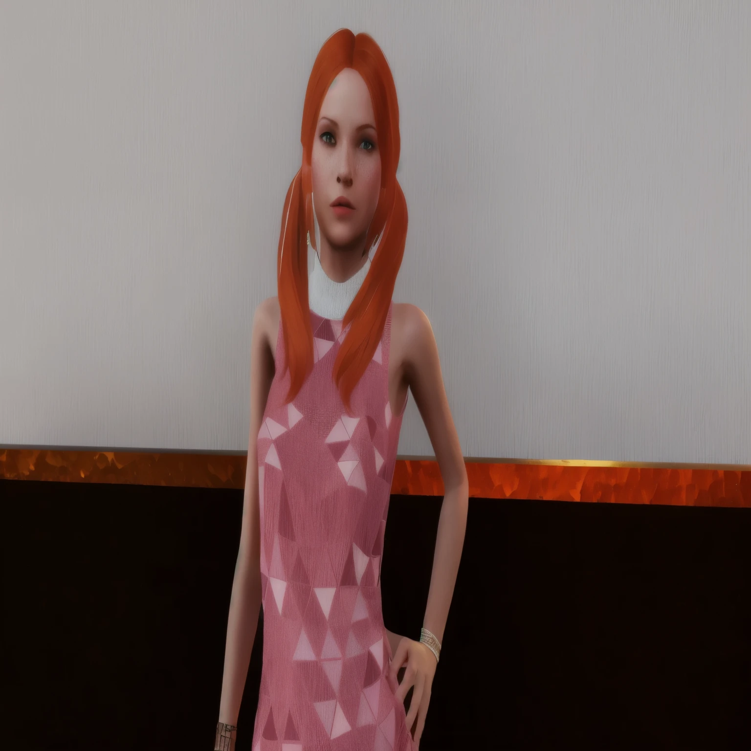there is a woman with red hair and a pink dress, tenue leeloo, elle a de longs cheveux rouge-orange, inspired by Daphne McClure, fille aux cheveux rouges, Fille aux cheveux roux, inspiré par Daphne Fedarb, cheveux roses et yeux cyan, inspired by Grethe Jürgens, inspiré par Mary Jane Begin, hyperrealistic ager, Avatar de seconde vie