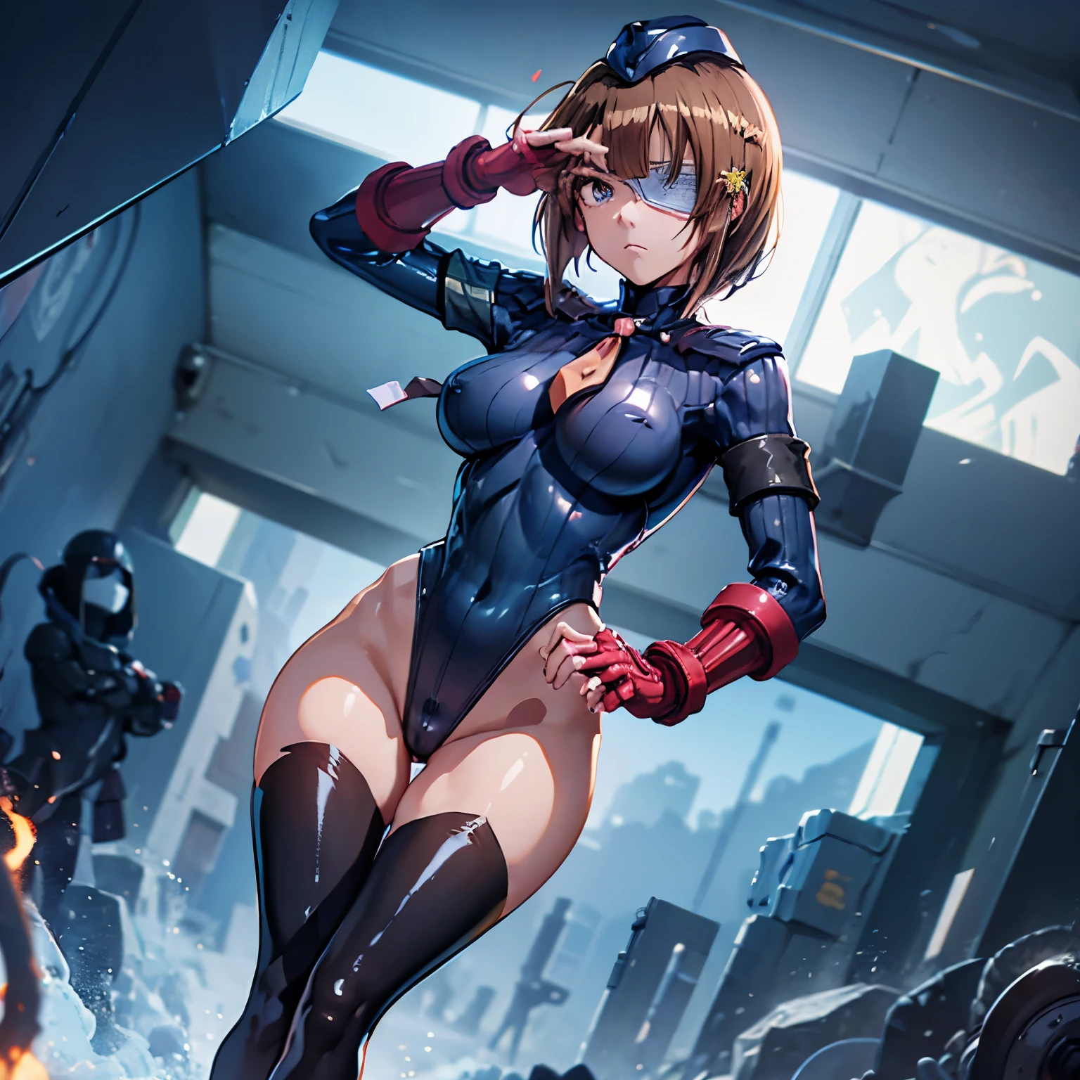 ultra-detailed, Explicit, Beautiful body, Beautiful Nose, Beautiful character design, perfect eyes, perfect face, ultra highres, 4K, beautiful legs, perfect legs, Nice hands, Perfect hand, Masterpiece, Best Quality, Highly detailed, illustration, absurdres, perfect anatomy, street fighter, doll suit, shadaloo doll, dollsuit, expressionless, blank eyes, looking at viewer, red gloves, emotionless, black latex, corruption, mind control, female combatant, full body, hypnotized, unhappy trance, full body suit, ribbed bodysuit, both arms at side, obey, perfect female body, extremely glossy latex, hypnosis, hypnoLora, empty eyes, Mind control device, poses, submissive_pose, Slave, standing straight, standing, standing at attention, hat, necktie, belt, latex, ribbed bodysuit, thigh Highs, garter belt, Fighting Stance, extending the right arm from the shoulder into the air with a straightened hand, military, thigh boots, black pantyhose, (((pixel-perfect, detail-perfect))), solo, 1girl, hair ornaments, short hair, brown hair, short brown hair, blue eye, Kozue Hiiragi, Heaven Burns Red, medium breast, eyepatch,