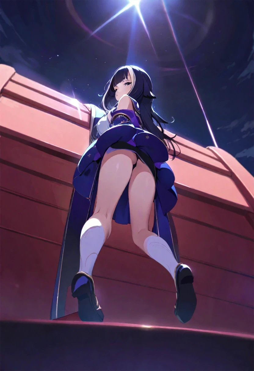(((shylily))),absurderes, hight resolution, (Anime style:1.1), ((masutepiece)), ((Best Quality)), (Ultra-detailed), (Beautiful), solo, Beautiful face、(liftup),12year old、(long black shiny hair:1.2),、Black eye,Looking at Viewer,Lens Flare,Dramatic, a miniskirt、from the rear、full body Esbian、(Low position,From below:1.5)、The background is a delicate and beautiful old shrine、torii gate、(Priestess clothing、petite:1.3)、