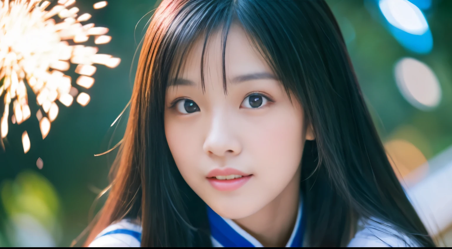 ((masterpiece, top quality, super definition, high definition)), solo, beautiful chinese girl, shining eyes, perfect eyes, 18 years old, blue theme, yukata, fireworks, full sexy body, Wearing a sexy skirt + long black stockings, beautiful face, realistic face, perfect body chinese girl, cute girl