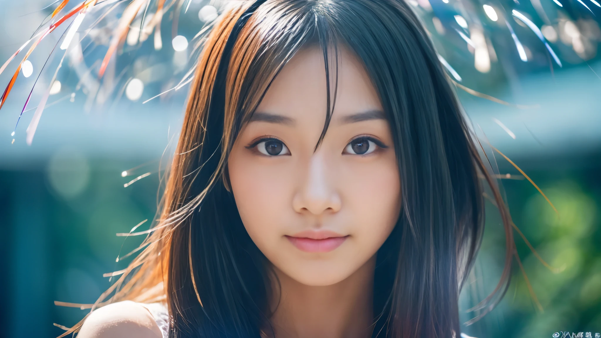 ((masterpiece, top quality, super definition, high definition)), solo, beautiful chinese girl, shining eyes, perfect eyes, 18 years old, blue theme, yukata, fireworks