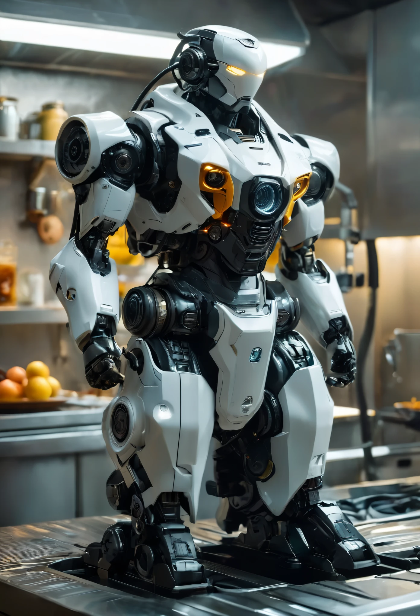 cinematic realism, Linda lavadora robot cubo en la cocina, There is a small beak in the center of the lower body.,Sale aceite negro, The robot has a relaxed expression.,smile, desembocando en aguas pantanosas, el es muy detallado, 16k, artefantasia, octane representation, photographic realism, --con 1:2 --c 20 --s 1000 --q 5