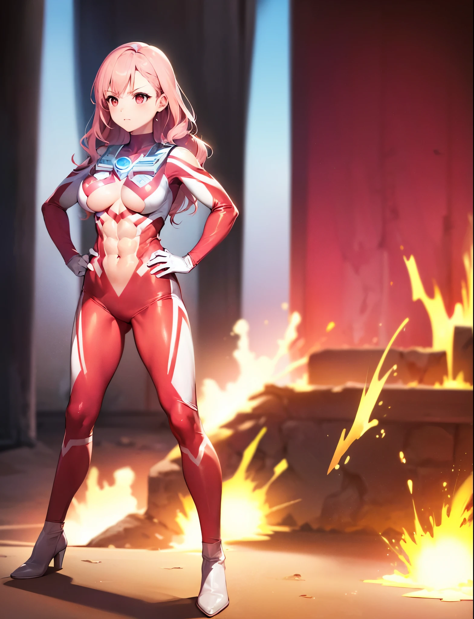realistic,highest quality, ultra detail, High quality CG drawing, The most delicate and beautiful, Floating gently, High resolution, (1 girl), (Highest image quality,4K,8K,masterpiece:1.2),(red pink hair:1.5), (medium hair:1.5),(wavy hair:1.4),,(red eyes:1.5), (ultra girl:1.0), (red ultraman bodysuit:1.4),(slightly bigger breasts:1.5),Upper body,(clenched fist:1.2),(put both hands on hips:1.2), red gloves,red shoes,(trained abdominal muscles:1.3)