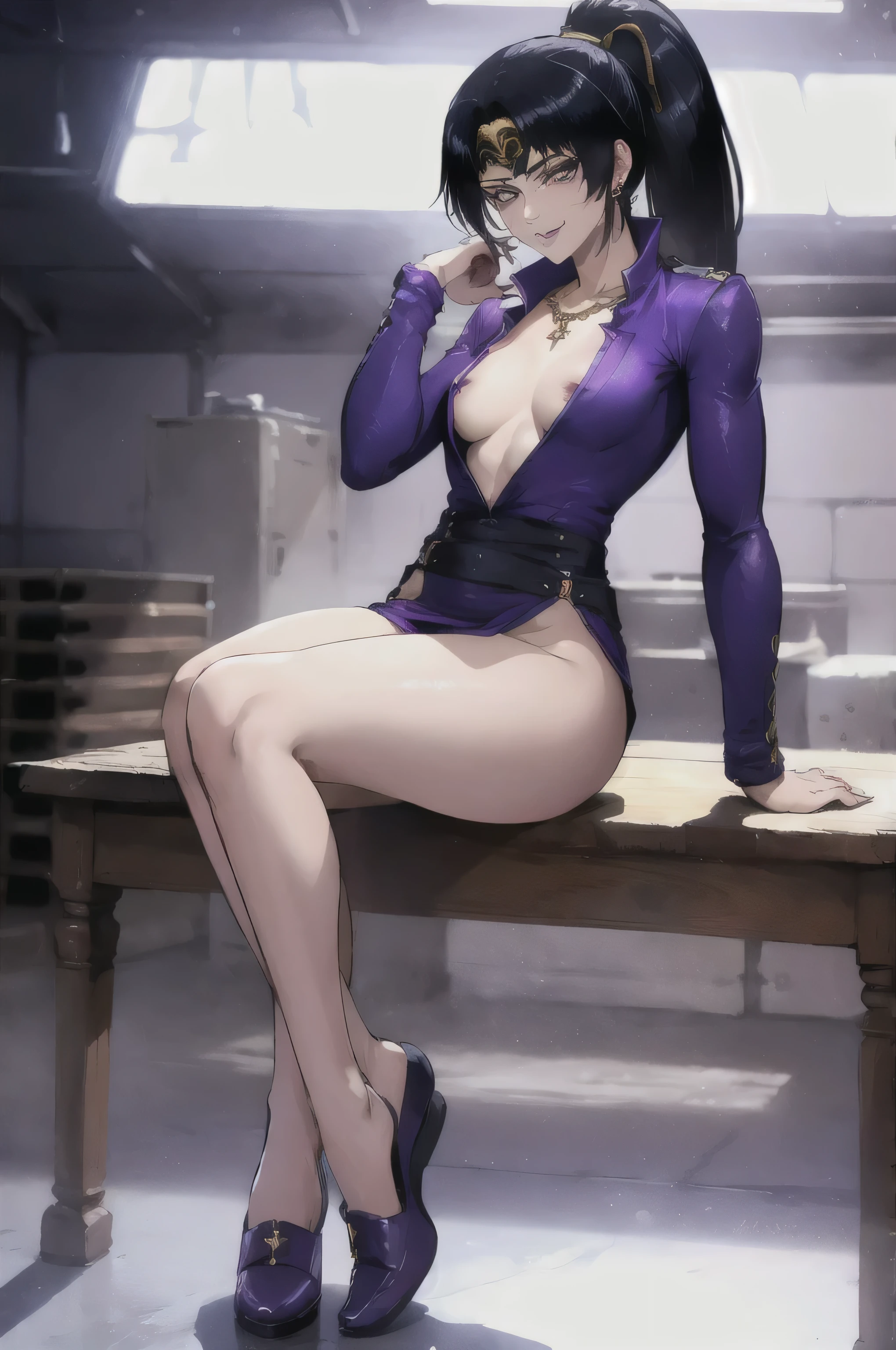 masterpiece, highest quality, detailed face, High resolution, ８K, Anime image quality, Karla, 1 girl, ponytail,black hair,purple eyes,purple lips, circlet,necklace,earrings, (Huge_chest:1.4, smallDown着_superior), smooth copper, wide_waist:1.3, Huge_Buttocks, alone, red_small_smallDown着_Down, (Show off your down jacket:1.6, ), Lying Pose, (open your legs:1.5, M-shaped), smile,masterpiece, highest quality, detailed face, fine eyes, High resolution, ８K, Anime image quality, 
