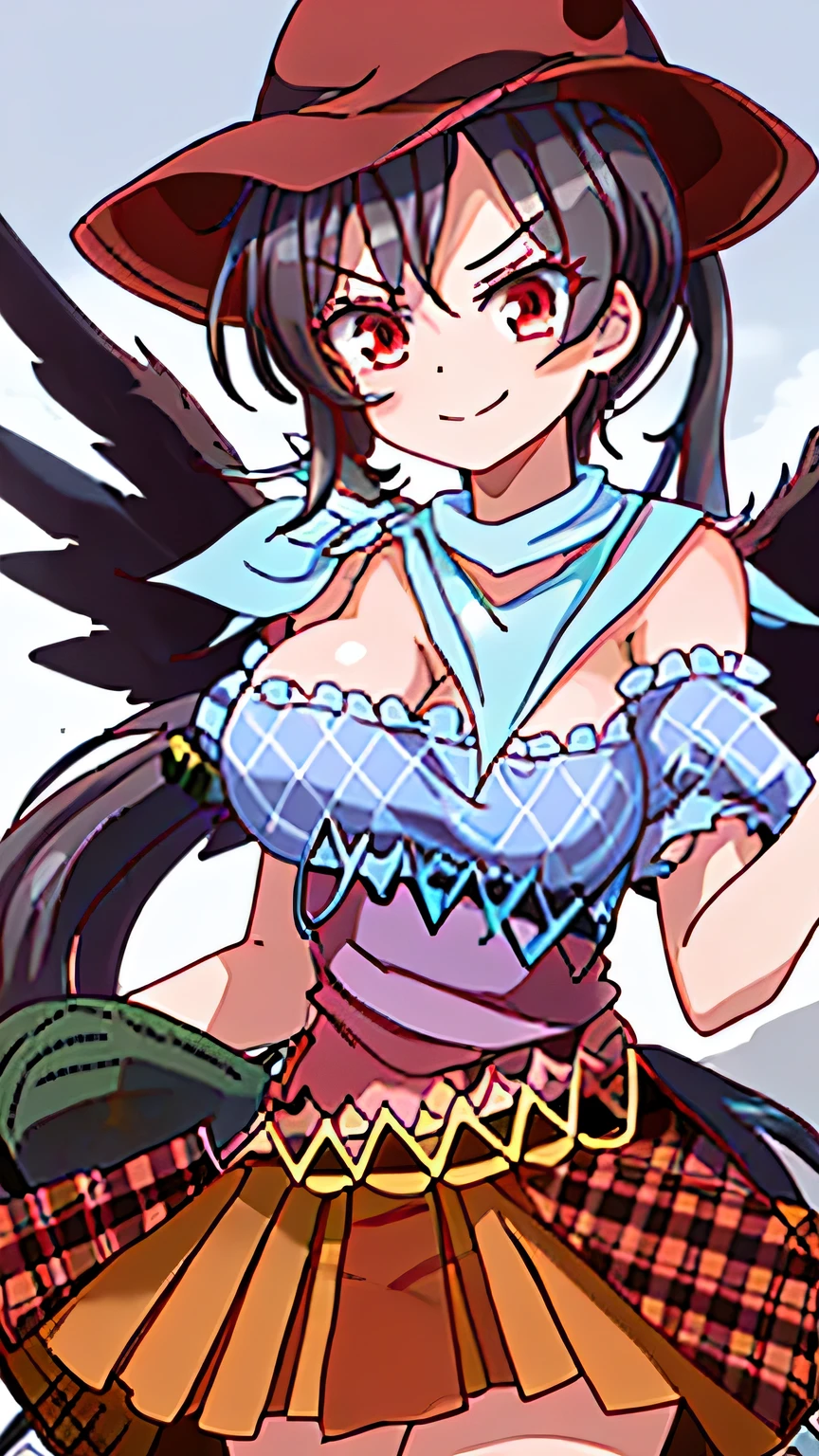 kurokoma saki, 1girl,cowboy ，((large )) ，hat,black hair,long hair,ponytail,red eyes,bandana, white scarf,multicolored clothes,bare shoulder,short sleeves,blue shirt,wings,multicolored dress, brown skirt,plaid skirt,overskirt,horse tail, smirk,ruins