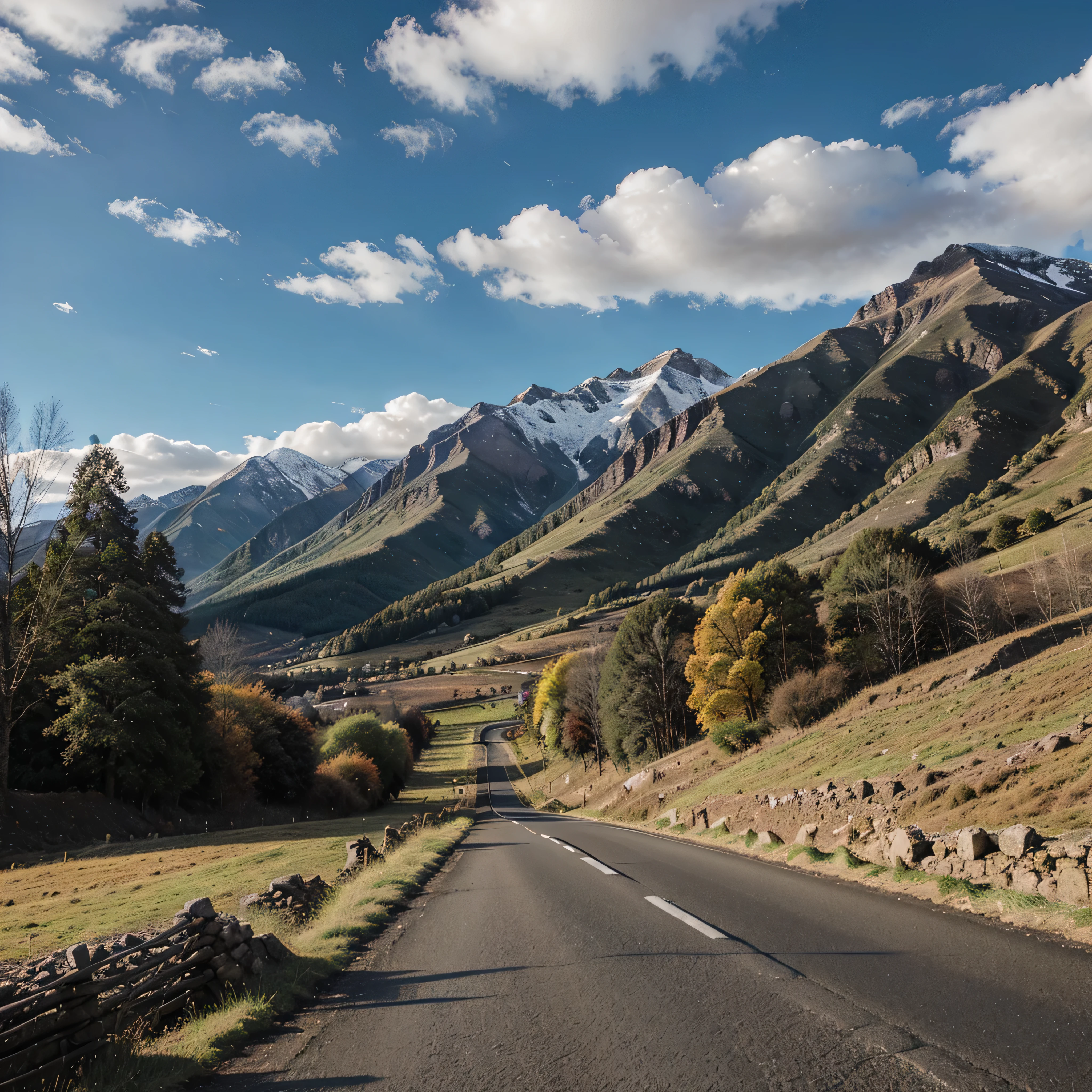 maountain road, landscape background with mountains clouds low sun trees