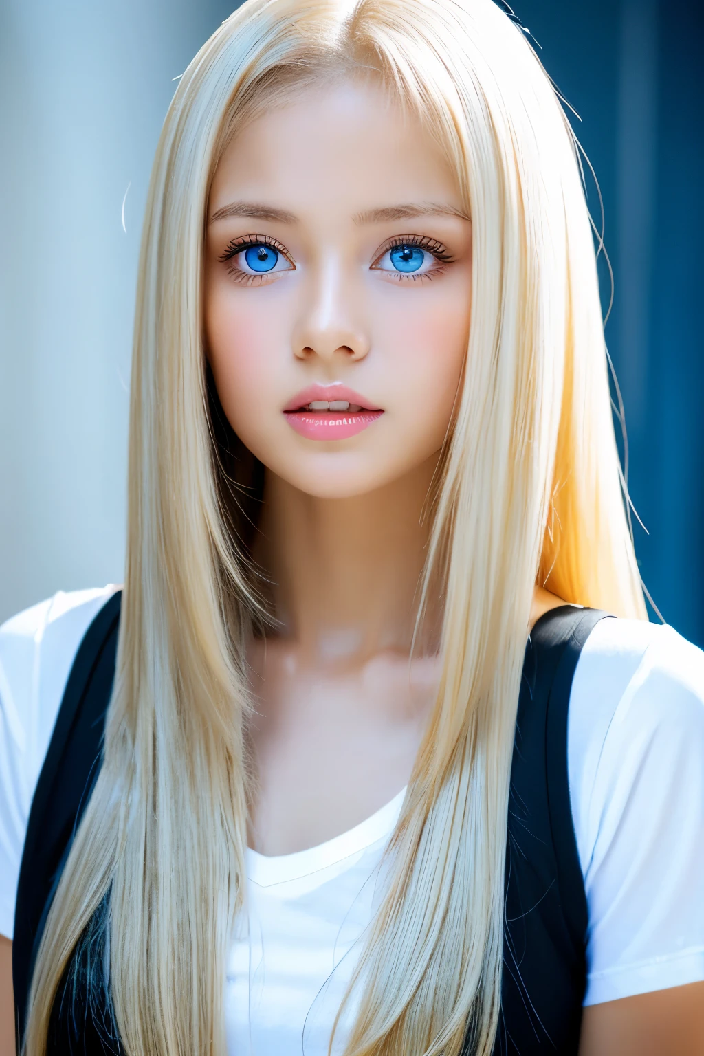 unparalleled beauty, Shiny firm and glossy skin, bangs between eyes, Beautiful shiny straight platinum blonde, super long straight silky hair, eyeliner, Sexy beautiful innocent 14 years old, High resolution big big beautiful bright blue eyes, beautiful and nice girl, baby face, short sleeve shirt、Erotic