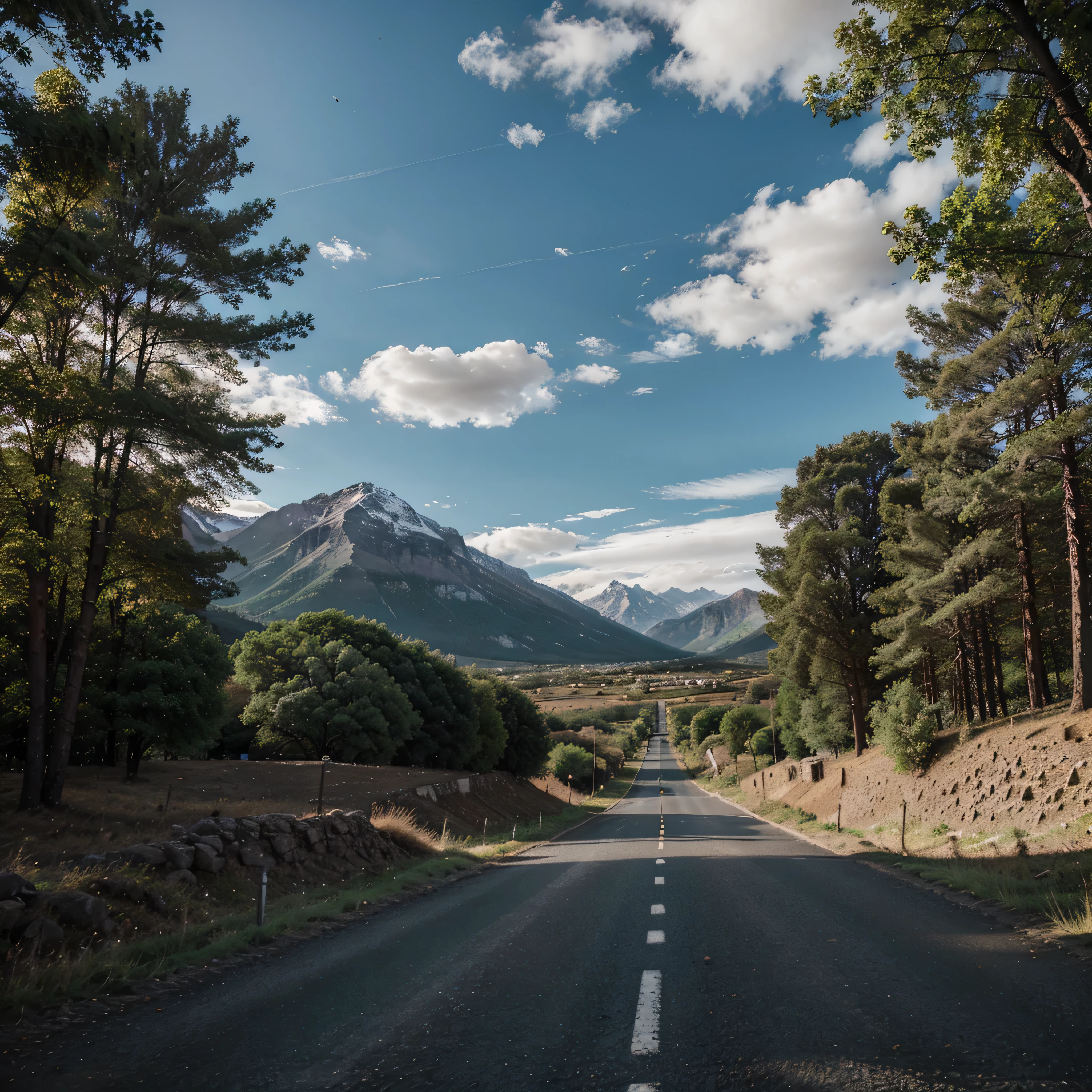 maountain road, landscape background with mountains clouds low sun trees