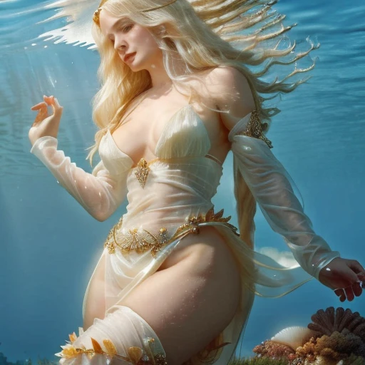 a young woman, 25 years old, full body, white, perfect body, blonde, long hair flowing in the wind, large breasts (Breasts: XL), beautiful, Greek style dress in transparent blue silk, with a sculptural body and balanced measurements, eroticism , diving to the bottom of the sea. She personifies the ideal of feminine beauty and is capable of seducing both gods and mortals with her beauty. include shells. Pointillism style, Salvador Dali style