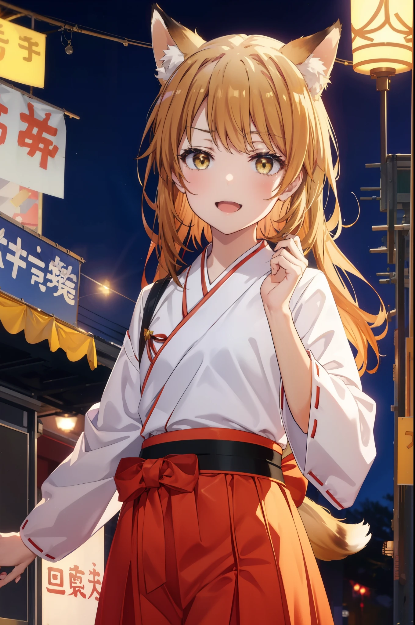 irohaisshiki, iroha isshiki, long hair, brown hair, (brown eyes:1.5), happy smile, smile, open your mouth,animal ears　fox ears,animal tail　fox tail,Miko, kimono,red hakama ,kimono, wide sleeve, long sleeve, Ribbon trim sleeves,Zori sandals,Time is night,sunny day,
break outdoors, festival,
break looking at viewer,Upper body,whole body, (cowboy shot:1. 5)
break (masterpiece:1.2), highest quality, High resolution, unity 8k wallpaper, (shape:0.8), (beautiful deしっぽed eyes:1.6), extremely deしっぽed face, perfect lighting, extremely deしっぽed CG, (perfect hands, perfect anatomy),