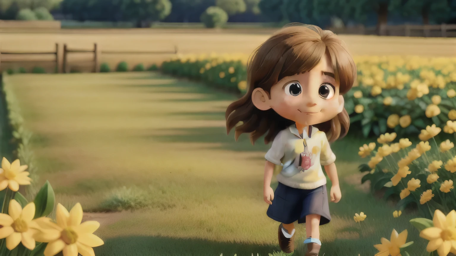 a , brown eyes, walking in a farm field, smile, grin,upper body, solo, brown hair, 1girl, long hair