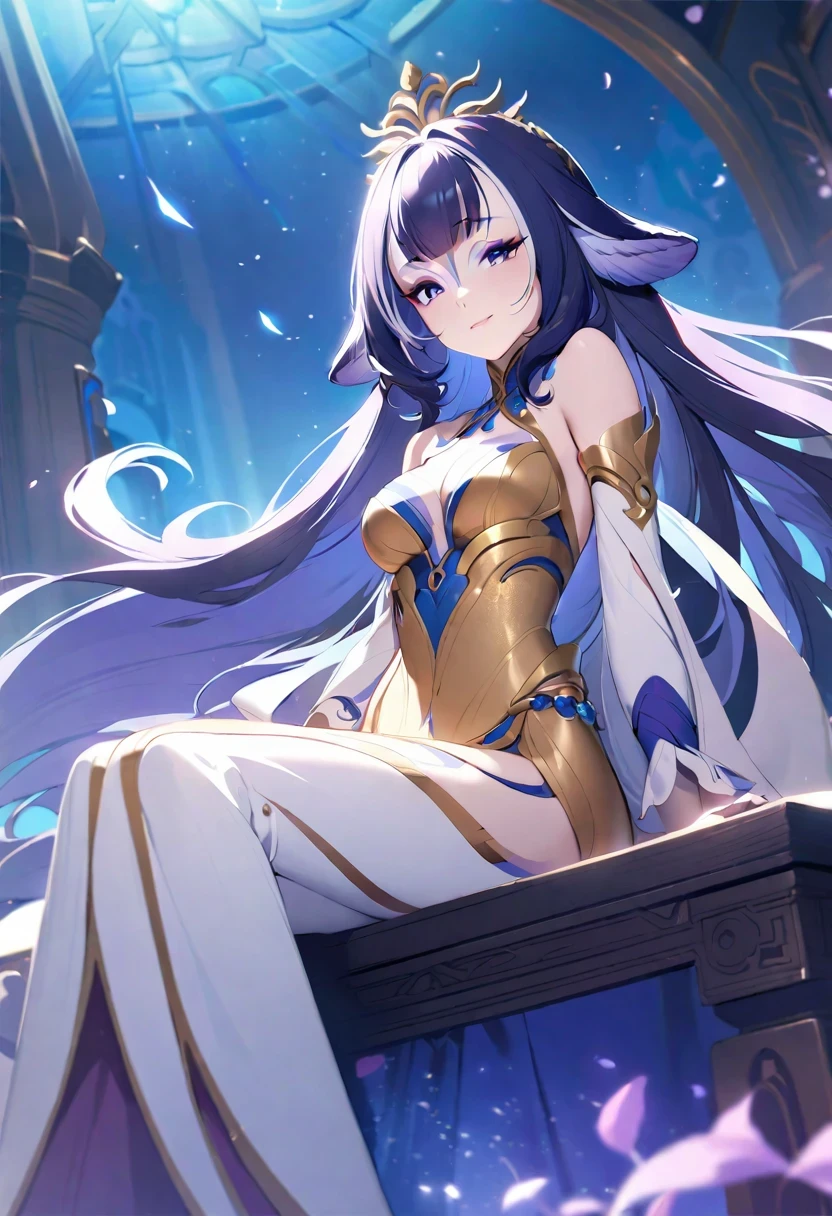 (((shylily)))，Anime - Stylistic image of a woman sitting on a table in a golden dress, 8K high quality detailed art, a beautiful fantasy empress, Anime goddess, beautiful fantasy anime, Guweiz in Pixiv ArtStation, Guweiz on ArtStation Pixiv, 2. 5 D CGI anime fantasy artwork, Anime fantasy artwork, ((a beautiful fantasy empress))