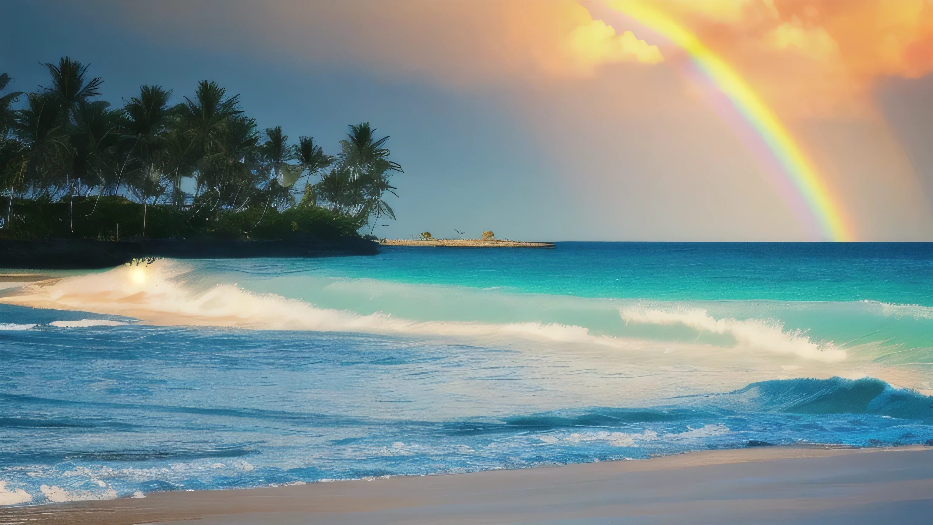 masterpiece, ultimate quality, CG Unity 8k Wallpaper, super delicate, A stylish house on the beach、I can see outside from the window、 beautiful sky and clouds, blue sea、White sand beach、tropical beach、Palm tree、 no trace of people, Nice views,Already won a photo contest, Entire depth of field, HDR high dynamics, true restoration, Complex, extreme details, dramatic presentation, Perfectly expresses the style of mid-journey art.The rainbow is coming out