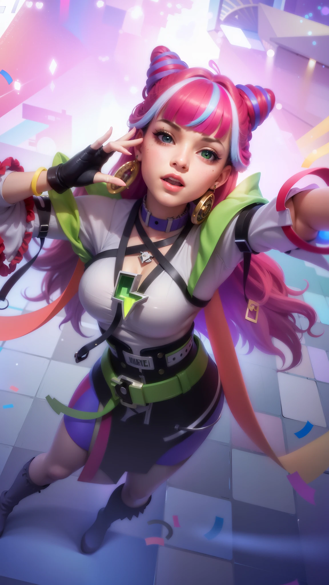 (8k, RAW photo, photorealistic:1.25) , red lips, best quality, ultra highres, depth of field, chromatic aberration, caustics, Broad lighting, natural shading, ultra detailed texture, hyper realistic, detailed texture, detailed face, detailed skin, detailed hair, real hair, detail eyes, cinematic background, a close up of a famele with pink hair and a colorful outfit, ig model | artgerm, extremely detailed artgerm, style artgerm, kda, rossdraws cartoon vibrant, 8k artgerm bokeh, artgerm lau, style of artgerm, ! dream artgerm, artwork in the style of guweiz, green eyes, smile happy, earrings in ears
