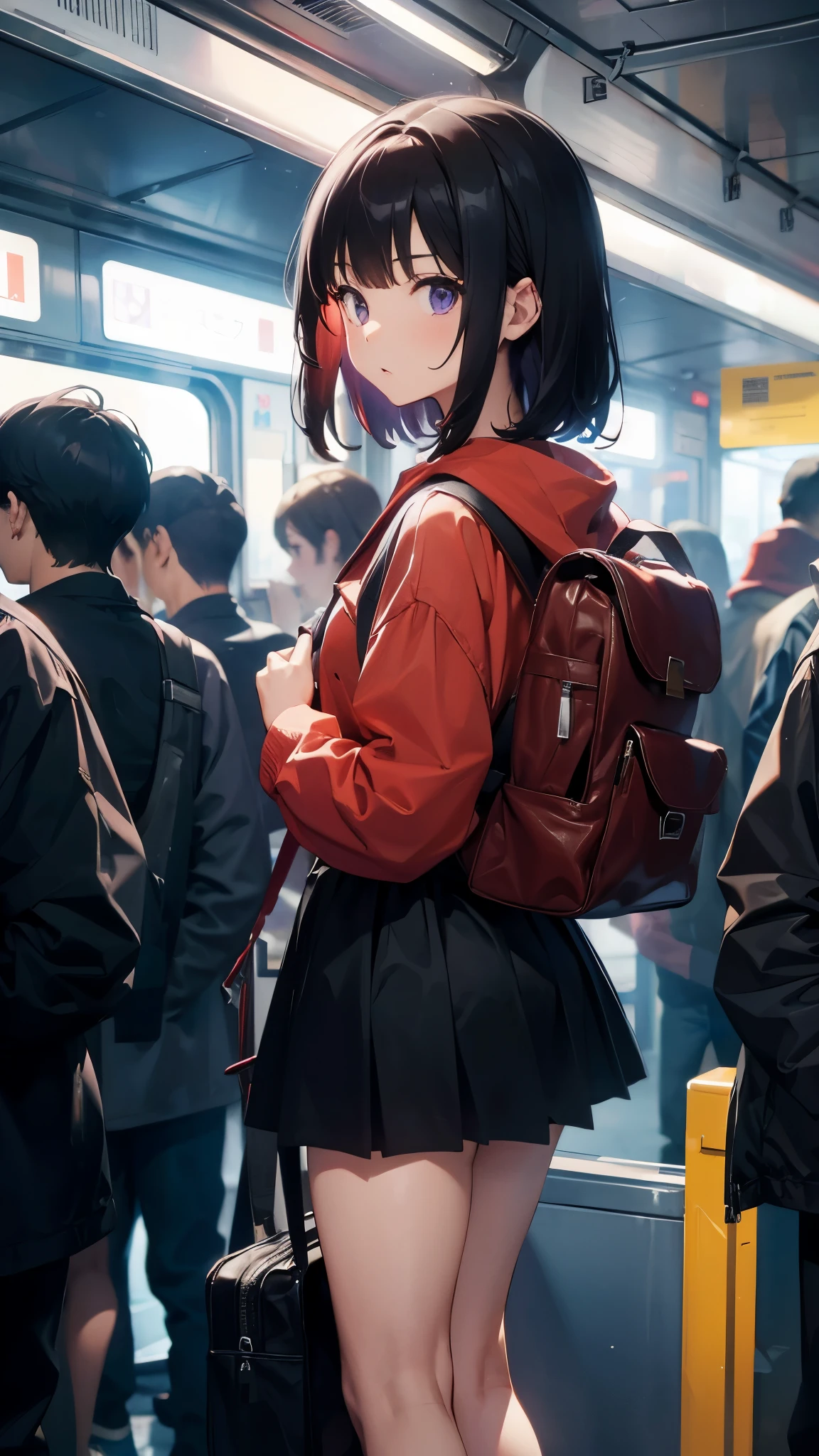 On a crowded train heading to my favorite idol's concert、Excited look、big red headphones on neck、Tall black-haired girl with short bob、Purple hoodie and black tight skirt、big backpack