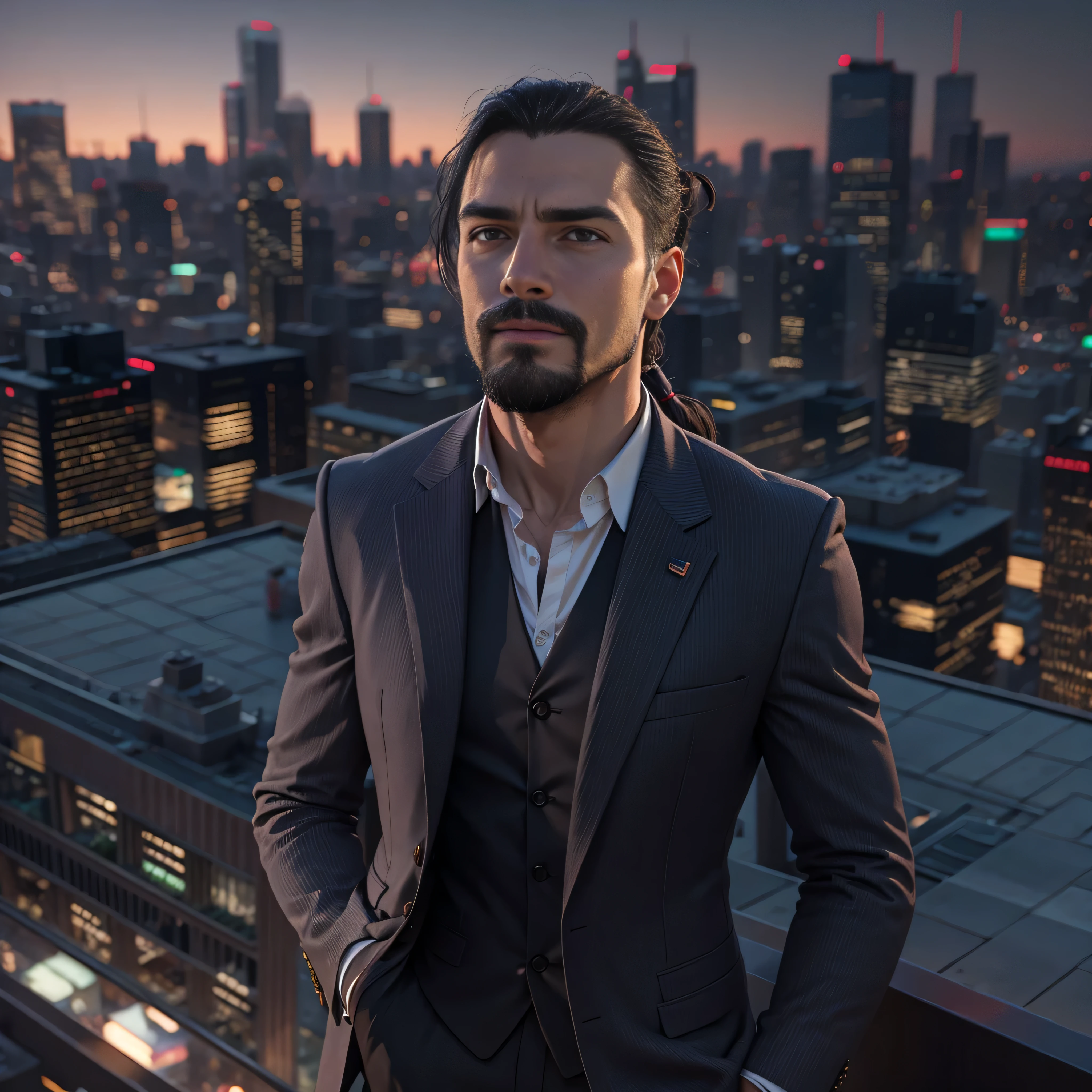 ((ultra detailed, masterpiece, best quality)) REVChris, 35yr. old, 1boy, solo, ponytail hair, goatee, On a sophisticated city rooftop, dressed in a sharp blazer, with the skyline as the backdrop, at night, photo-realistic, octane render, unreal engine, ultra-realistic