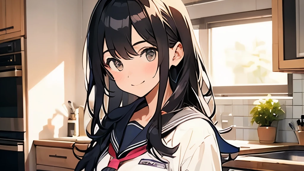 high resolution、black hair、18 year old woman with long hair、chest is big、high school girl、Sarah uniform、one's home、night、Standing in the kitchen、cooking、smile