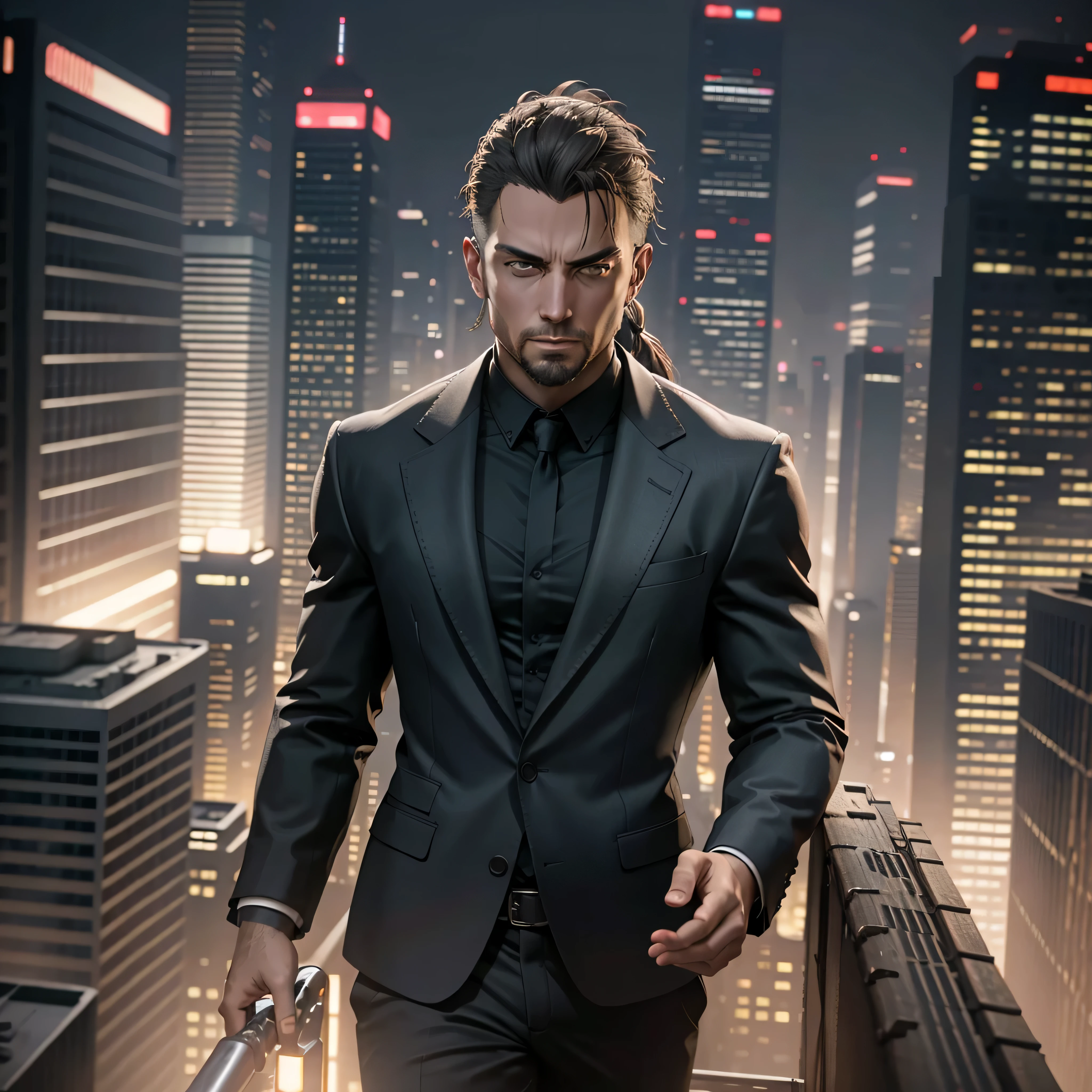 ((ultra detailed, masterpiece, best quality))
 REVChris, 35yr. old, 1boy, solo, ponytail hair, goatee, On a sophisticated city rooftop, dressed in a sharp blazer, with the skyline as the backdrop, at night, photo-realistic, octane render, unreal engine, ultra-realistic