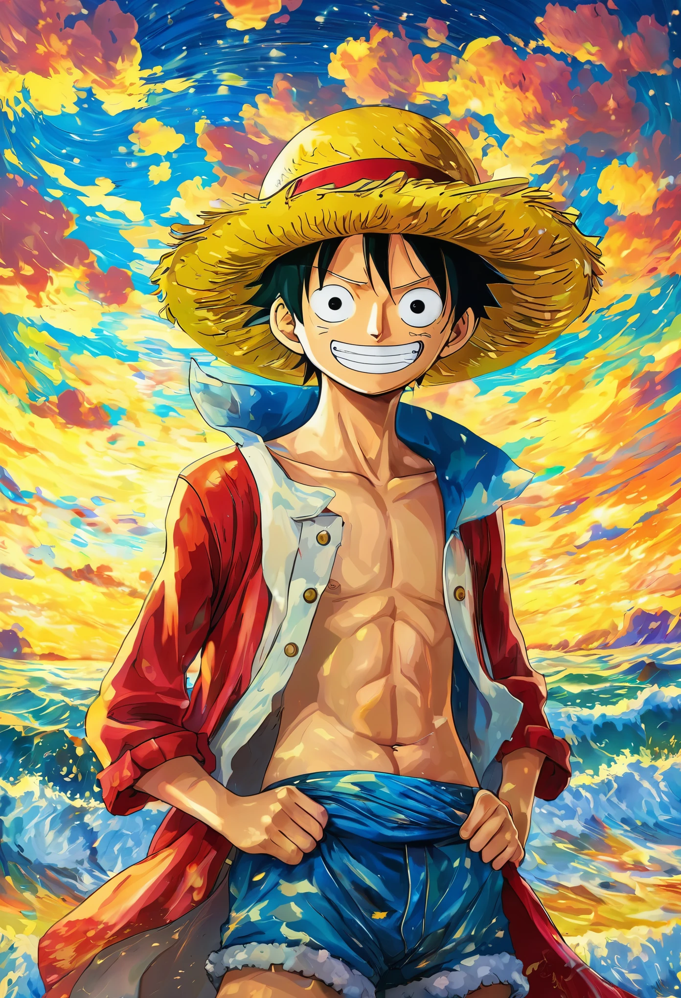 Create for me a 2D art of "Luffy" from the anime One Piece, with a painting style inspired by the works of Vincent Van Gogh, the 2D art needs to be detailed with striking colors, with the style of the first season of the anime. let it be the post-battle Luffy character, and with the most original style of the anime in the first seasons.