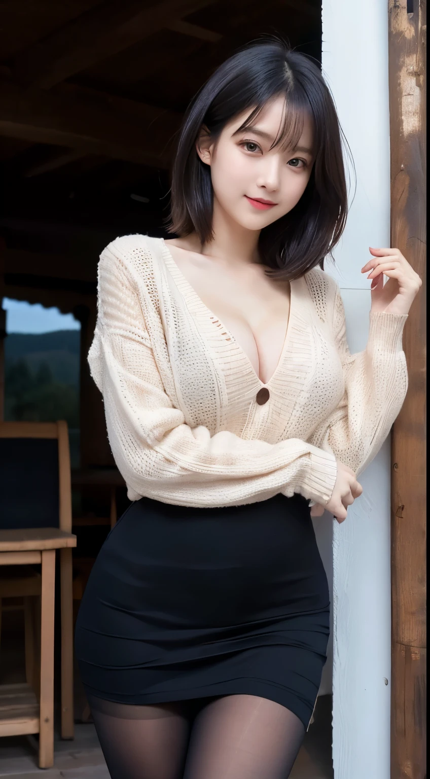 ulzzang-6500-v1.1,(Raw photo:1.2), (Photoreal), (genuine:1.4), ((muste piece)),(very realistic, High resolution, detailed face, fine eyes), Realistic college girl in kashkul knit dress、short hair、cute smile、Wearing super realistic pantyhose、exposed thighs!!!