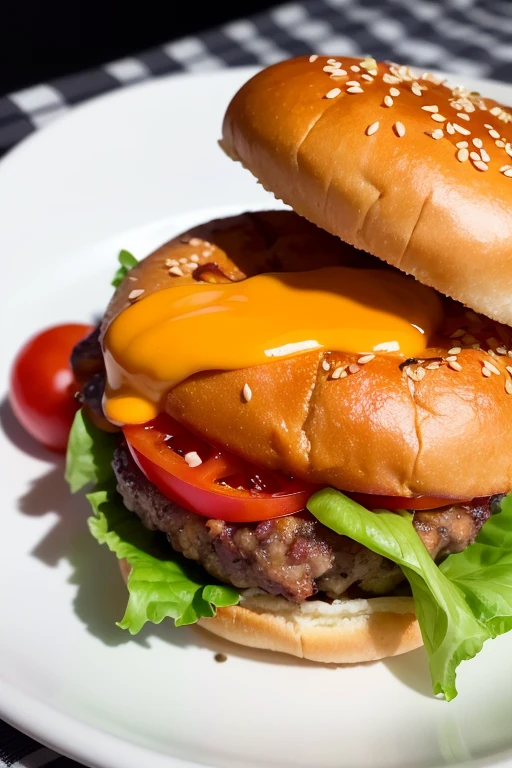 in a warm, inviting glow, casting shadows that add to the intricacy of the image. The burger's crimson tomatoes glisten under the light, contrasting beautifully with the golden hue of the melty cheese. The lettuce leaves, crisp and green, peek out from between the slices, adding a fresh, crisp counterpoint to the rich, savory patty.

This 8k masterpiece captures the very essence of a classic burger joint experience. The intricate texture of the bun is readily apparent, as is the juicy, succulent patty, each and every detail rendered with lifelike realism. The contrast between the glistening tom