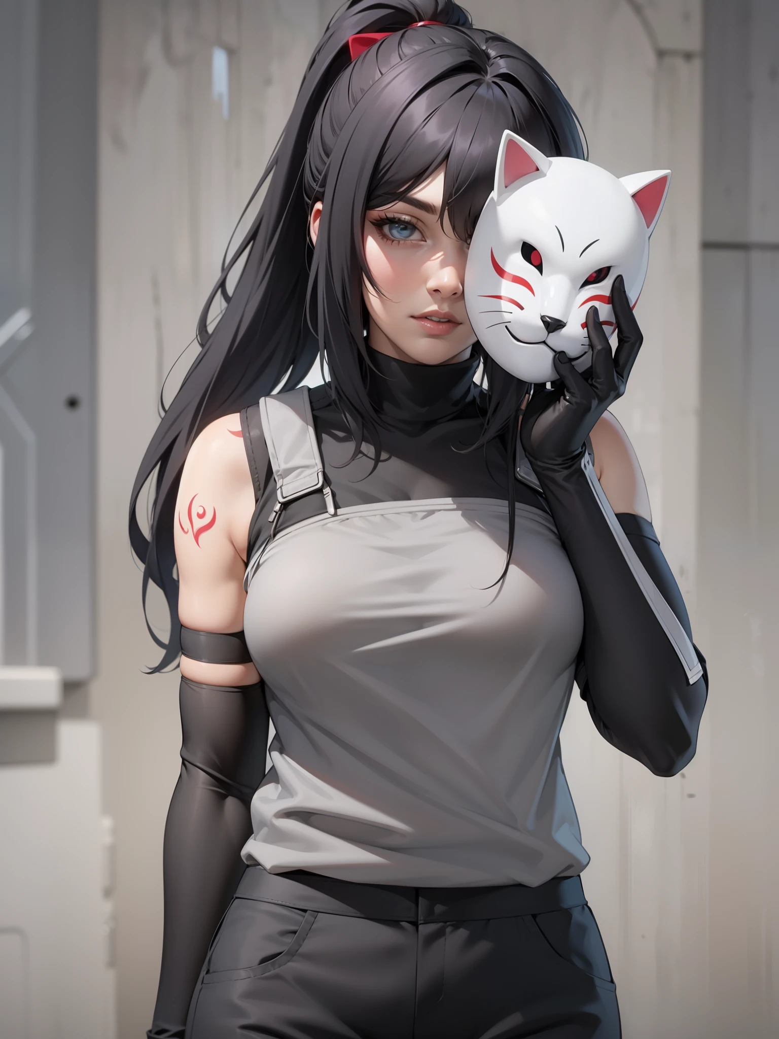 perfect eyes:1.2, detailed eyes:1.4, black hair, ponytail, very long hair, mask on hand, covering face, cat mask, grey armor:1.2, grey arm guards, black elbow gloves, black shirt, sleeveless, turtleneck, black pants, red arm tattoo, 1girl, solo, (masterpiece:1.6, best quality),