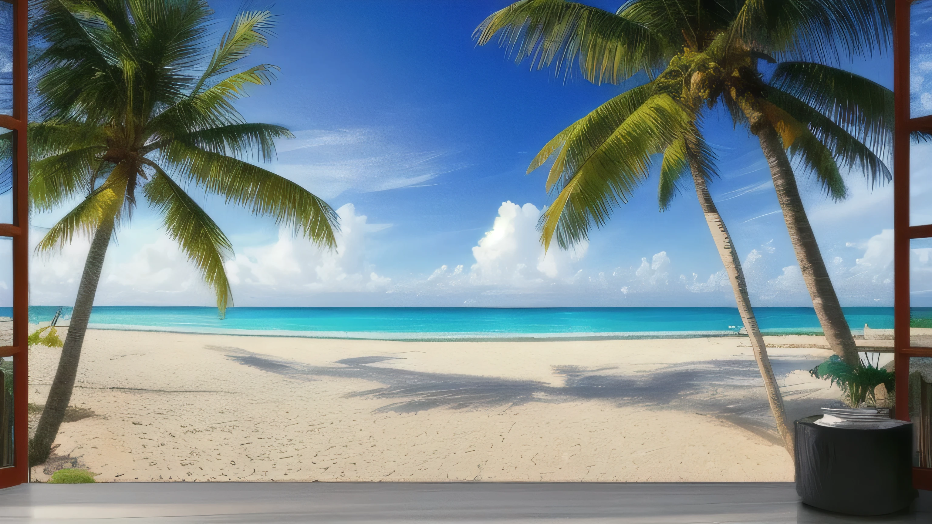 masterpiece, ultimate quality, CG Unity 8k Wallpaper, super delicate, A stylish house on the beach、I can see outside from the window、 beautiful sky and clouds, blue sea、White sand beach、tropical beach、Palm tree、 no trace of people, Nice views,Already won a photo contest, Entire depth of field, HDR high dynamics, true restoration, Complex, extreme details, dramatic presentation, Perfectly expresses the style of mid-journey art.The rainbow is coming out