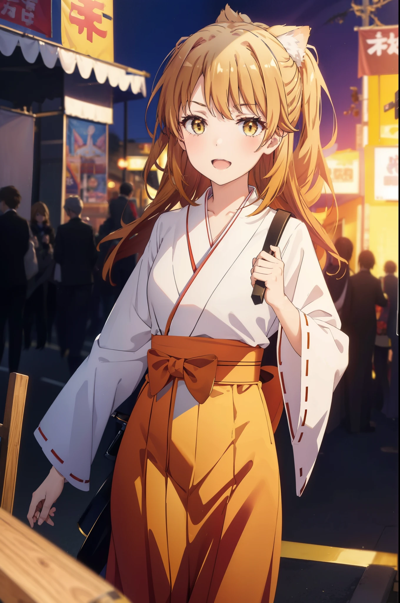 irohaisshiki, iroha isshiki, long hair, brown hair, (brown eyes:1.5), happy smile, smile, open your mouth,animal ears fox ears,animal tail fox tail,Miko, kimono,red hakama ,kimono, wide sleeve, long sleeve, Ribbon trim sleeves,Zori sandals,Time is night,sunny day,
break outdoors, festival,
break looking at viewer,Upper body,whole body, (cowboy shot:1. 5)
break (masterpiece:1.2), highest quality, High resolution, unity 8k wallpaper, (shape:0.8), (beautiful deしっぽed eyes:1.6), extremely deしっぽed face, perfect lighting, extremely deしっぽed CG, (perfect hands, perfect anatomy),