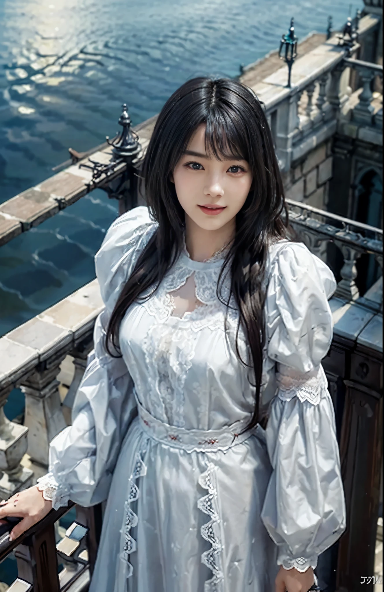 (ultra-realistic realism)、(illustratio)、(A high resolution)、(8K)、(Best Illustration)、(Beautifully detailed eyes)、(top-quality)、(ultra - detailed)、(masterpiece)、(the wallpaper)、(A detailed face)、solo、looking at viewert、A detailed face、pureerosfaceace_V1、A smile、 long hair、46-point diagonal bangs、((Dark lace dress))、((Beautiful woman standing on the balcony of the castle))