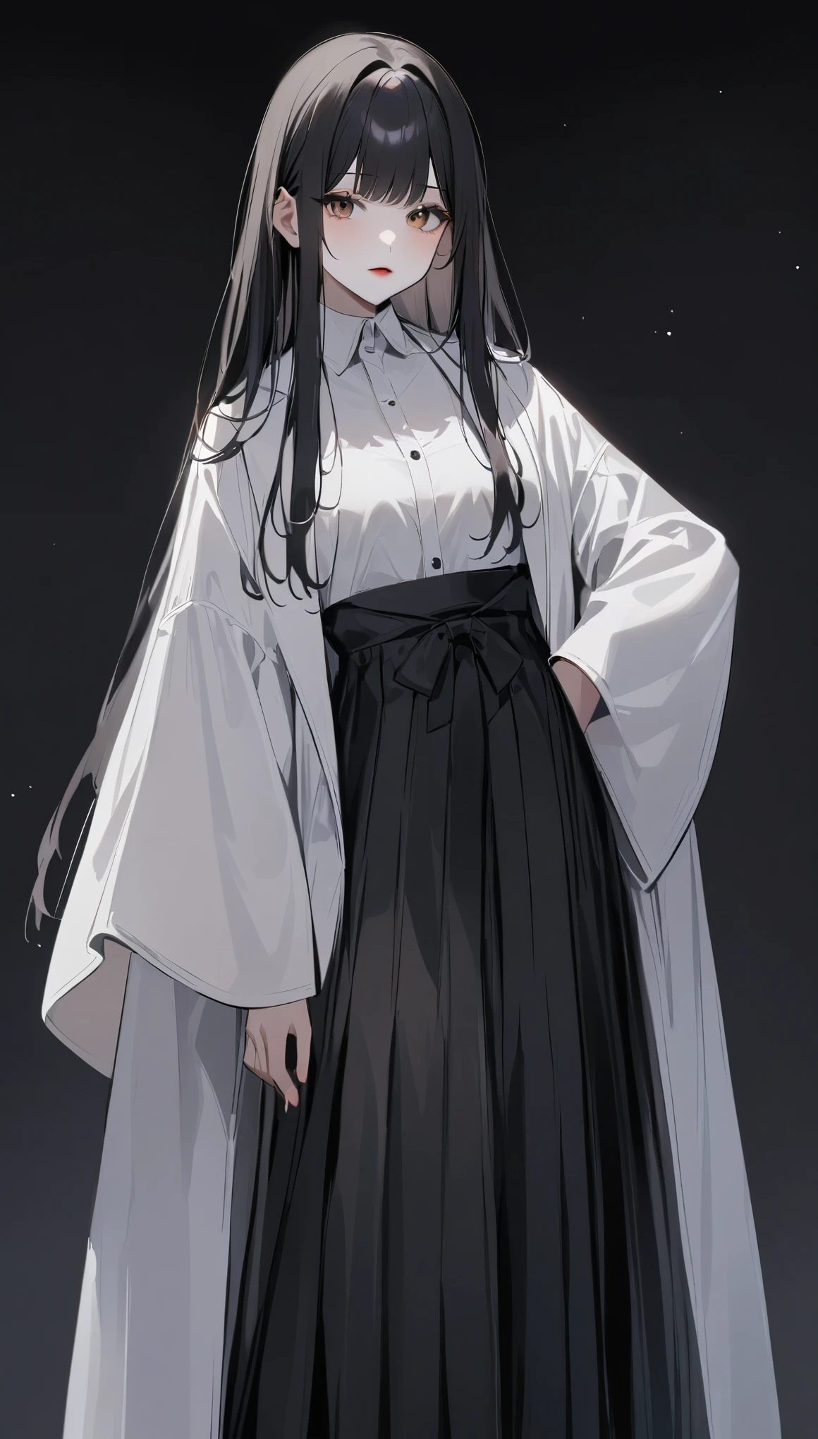 highest quality、masterpiece、(((1 girl)))、alone、((black background:1.1))、black background、full body angle、(((White jacket and black hakama:1.3)))、Similarly、A dignified appearance、Are standing、black background、black haired:1.5、brown eyes、red lips、white clothes、Black and white world、Black and white world、pale skin、long straight hair、silky black hair、