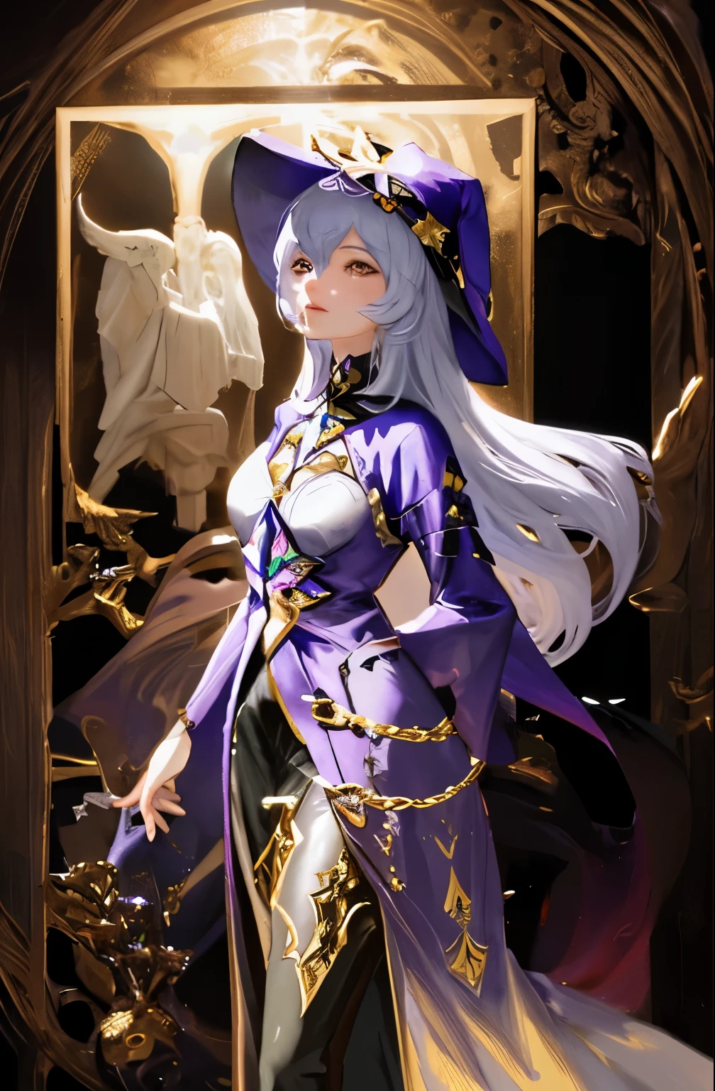 real person,Close-up of a woman wearing a skirt and hat, fantasy costumes, Dress up in dreamy formal attire, Fantasy style clothing, Moon themed clothing, beautiful fantasy queen, Popular topics on cgstation, gold plated clothing, ethereal fantasy, ((beautiful fantasy queen)), Astral Witch Clothes, Imperial royal elegant clothing, rococo cyberpunk, intricate clothing, clear outfit design