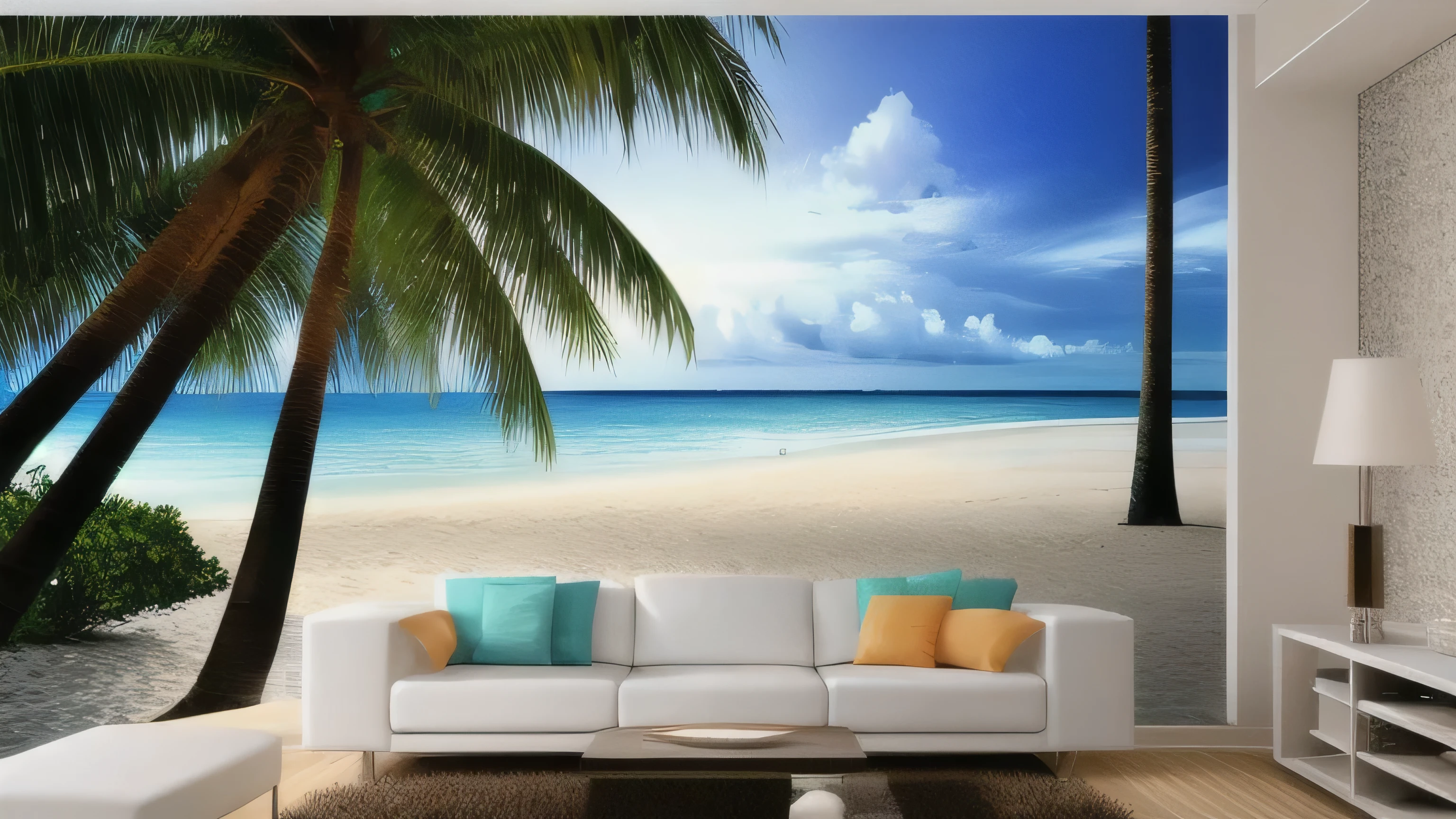 masterpiece, ultimate quality, CG Unity 8k Wallpaper, super delicate, A stylish house on the beach、I can see outside from the window、 beautiful sky and clouds, blue sea、White sand beach、tropical beach、Palm tree、 no trace of people, Nice views,Already won a photo contest, Entire depth of field, HDR high dynamics, true restoration, Complex, extreme details, dramatic presentation, Perfectly expresses the style of mid-journey art.The rainbow is coming out