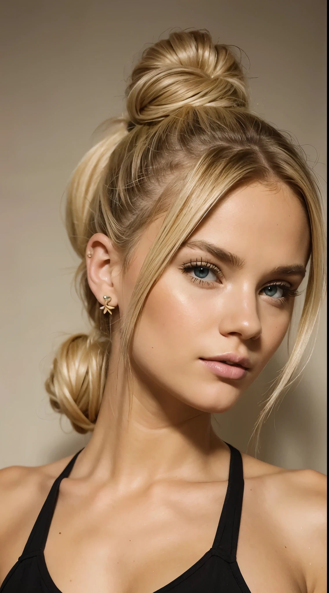 "contacto visual, blonde with bun hair, tema oscuro"