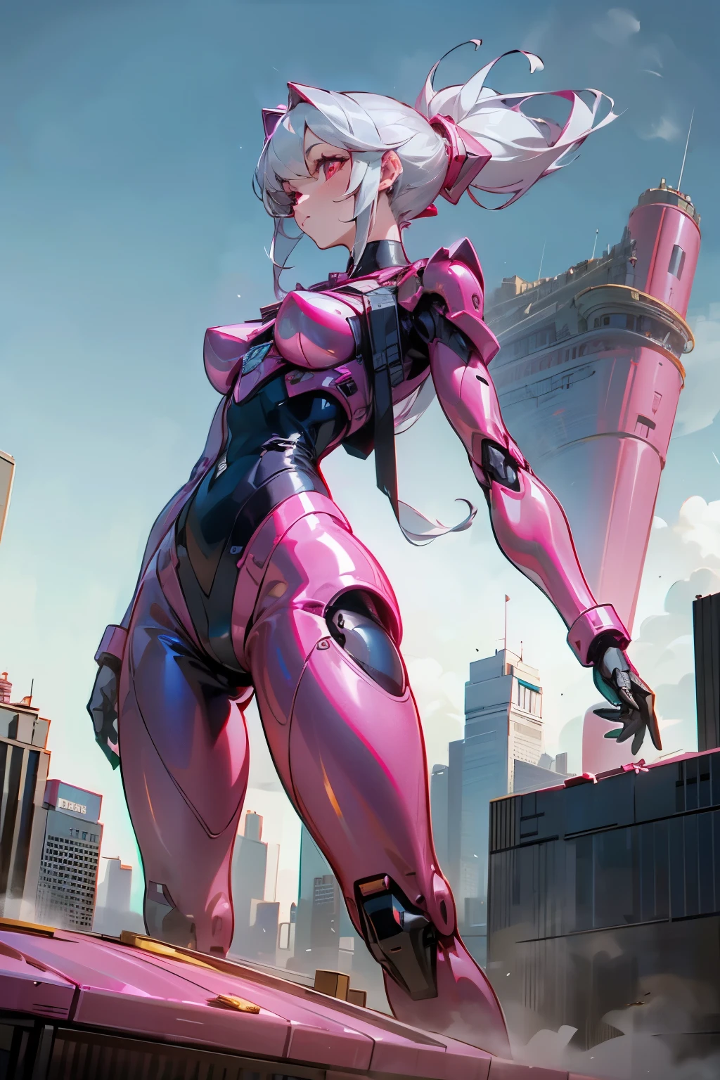 (Very good, professional, Surreal), Towering buildings rise from the ground，Form a magnificent landscape of the city of the future. in the center of Image, A huge and magnificent robot mecha girl stands tall. Its pink metal shell glows, she is wearing a black bodysuit, silver hair, ponytail, red eyes