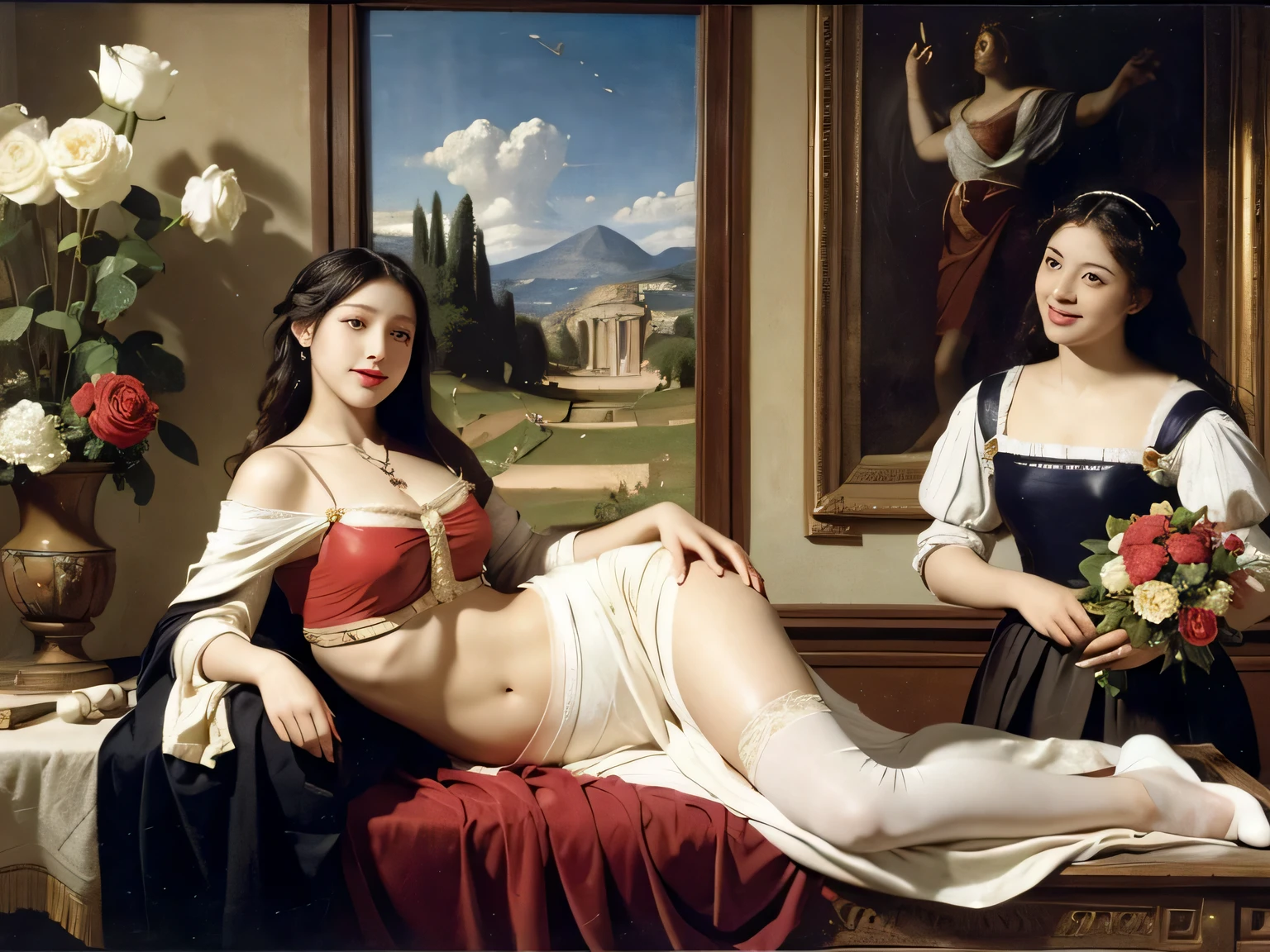 Giorgione painting style,Arguments of two female Philosophe,math、astronomical machine、astronaut、roses in vase、fruits、Cute trinkets、smile、ancient greek costume、Ancient Roman landscape in the style of Nicolas Poussin,laughter,,Sweet and seductive appearance.、Caravaggio's paintings、Chiaroscuro of Caravaggio、hair tousled by the wind,Two women frolicking,cute smile, expression of ecstasy,Sexy,erotic