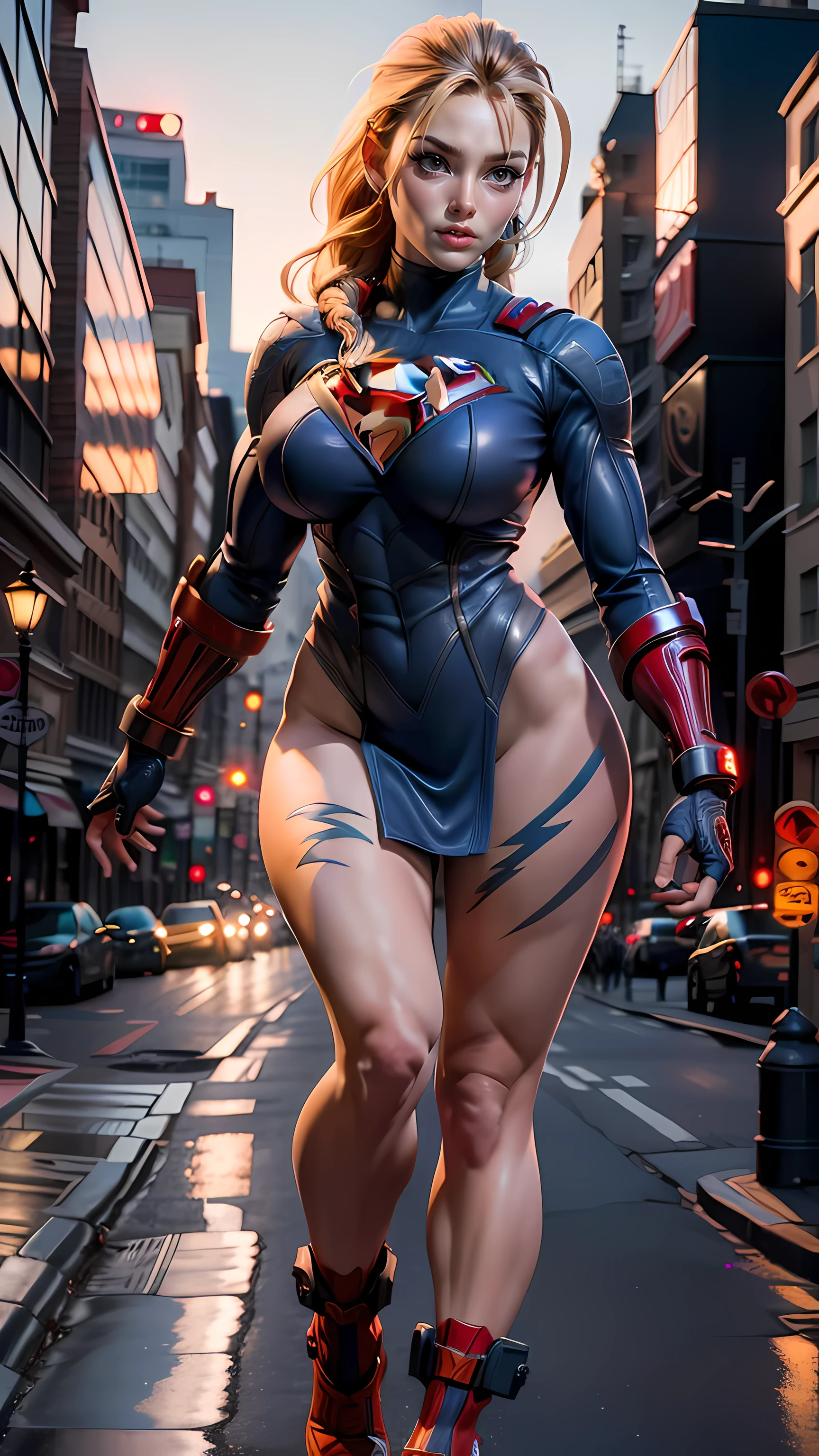 (supergirl outfit), ((Best quality)), ((Masterpiece)), ((Realistic)) and ultra-detailed photography of a Cammy, (realistic:1.2), (realism), (masterpiece:1.2), (best quality), (ultra detailed),(8k, 4k, intricate),light particles, lighting, (highly detailed:1.2),,supergirl outfit, (big breasts:1.4), outdoor, city landscape, full body, (realistic:1.2), (realism), (masterpiece:1.2), (best quality), (ultra detailed),(8k, 4k, intricate),light particles, lighting, (highly detailed:1.2),