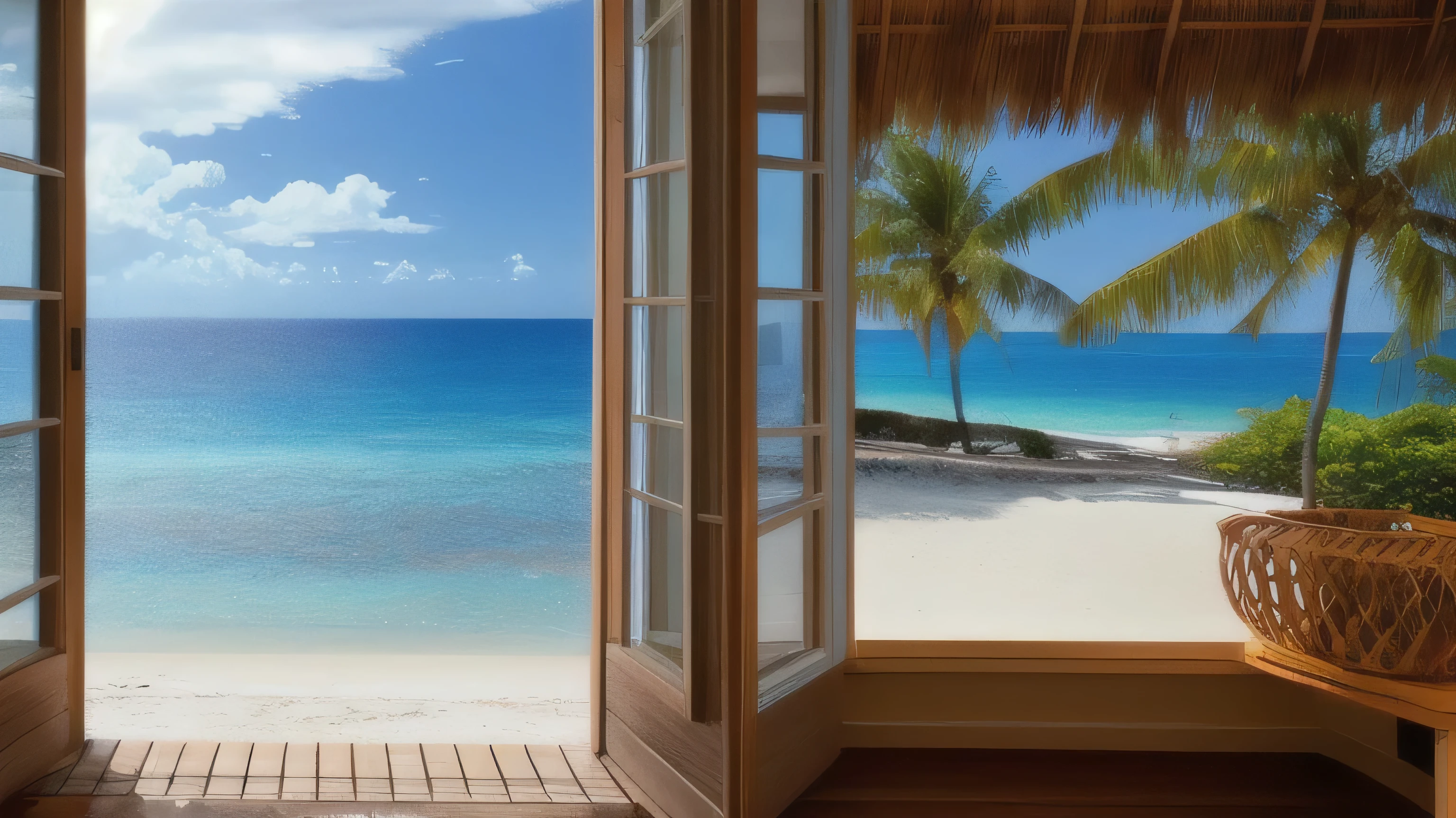masterpiece, ultimate quality, CG Unity 8k Wallpaper, super delicate, ((A stylish house on the beach、I can see outside from the window))、 beautiful sky and clouds, blue sea、White sand beach、tropical beach、Palm tree、 no trace of people, Nice views,Already won a photo contest, Entire depth of field, HDR high dynamics, true restoration, Complex, extreme details, dramatic presentation, Perfectly expresses the style of mid-journey art.The rainbow is coming out