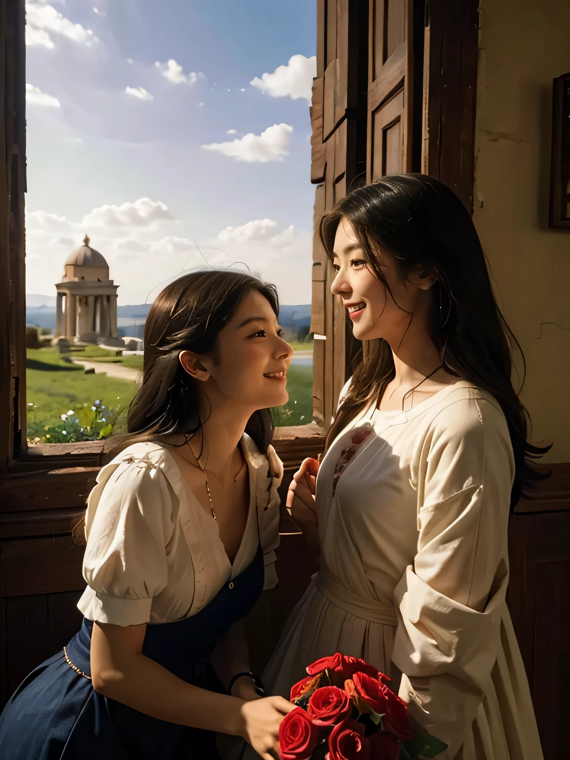 Giorgione painting style,Arguments of two female Philosophe,math、astronomical machine、astronaut、roses in vase、fruits、Cute trinkets、smile、ancient greek costume、Ancient Roman landscape in the style of Nicolas Poussin,laughter,,Sweet and seductive appearance.、Caravaggio's paintings、Chiaroscuro of Caravaggio、hair tousled by the wind,Two women frolicking,cute smile, expression of ecstasy,Sexy,erotic